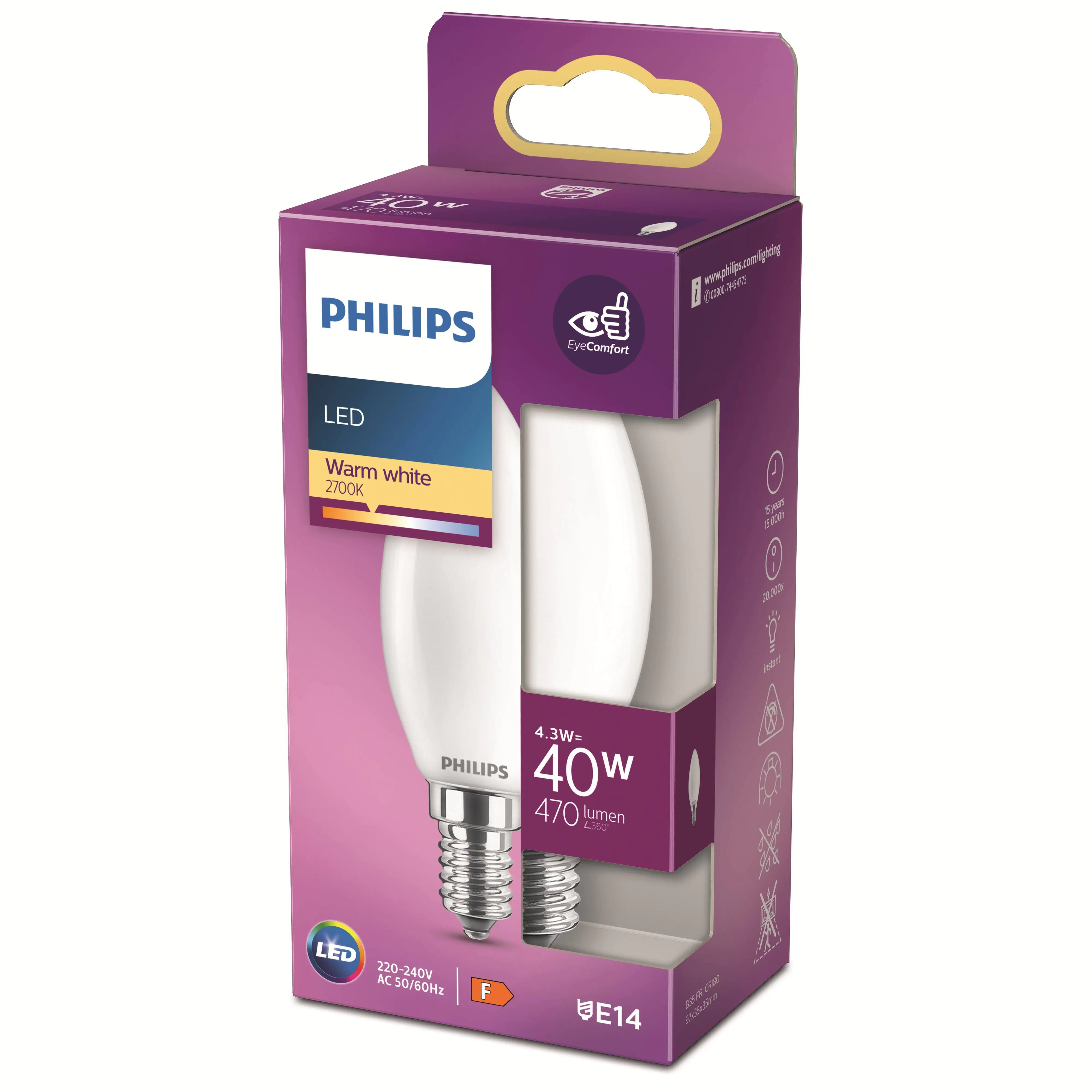 Philips LED-Leuchtmittel Filament Kerzenform B35 E14 4,3W warmweiß matt