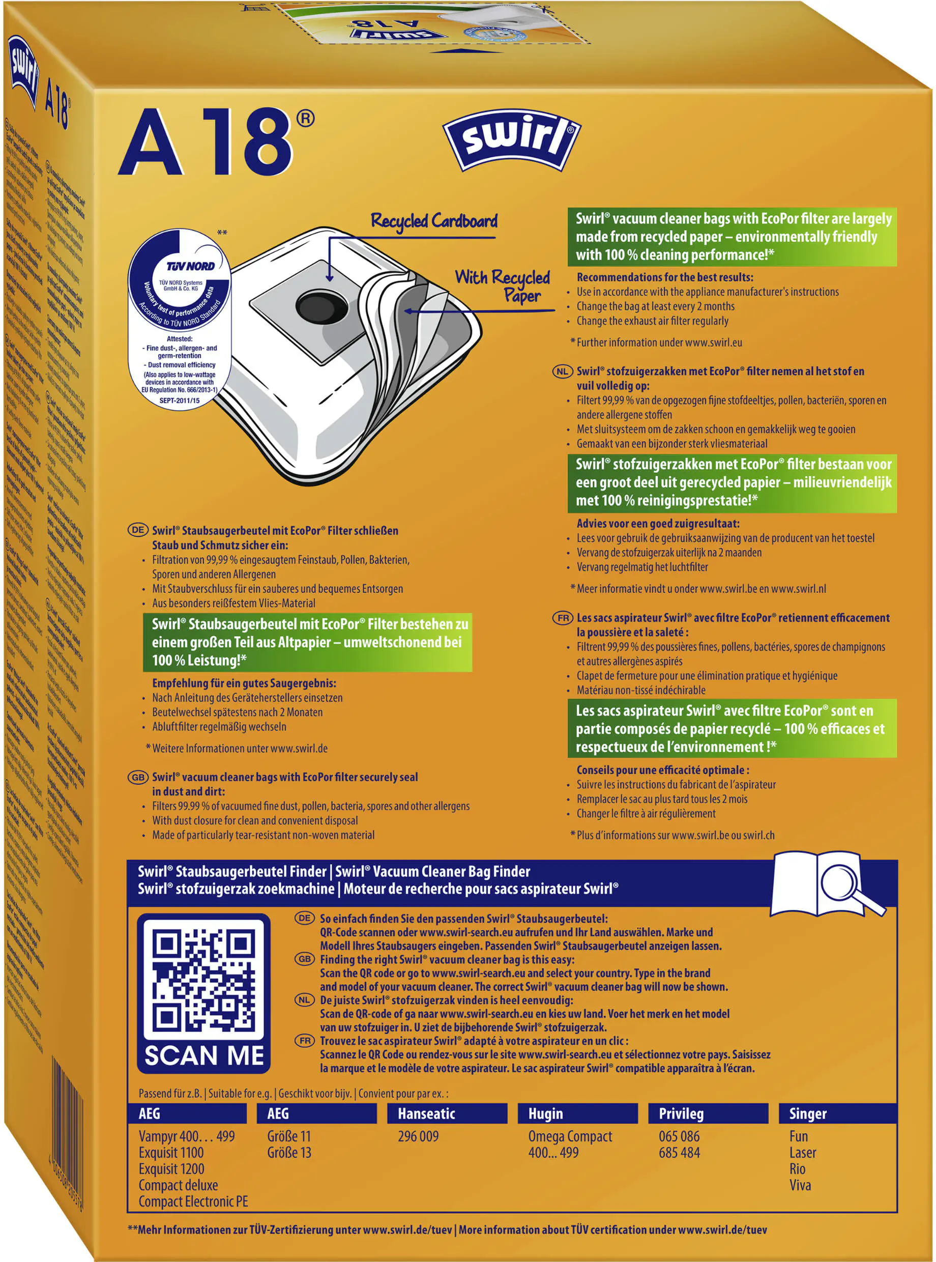 Swirl A 18 EcoPor Staubsaugerbeutel 4 Staubbeutel + 1 Filter