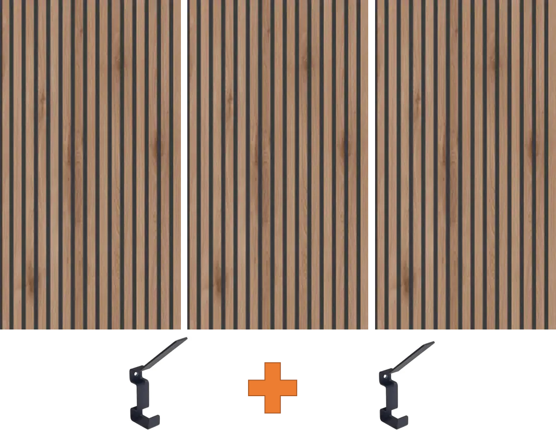Akustikpaneelen-Set 3x Holz Natural Canella Oak 260 x 60 x 1,7 cm inklusive 2 Garderobenhaken schwarz