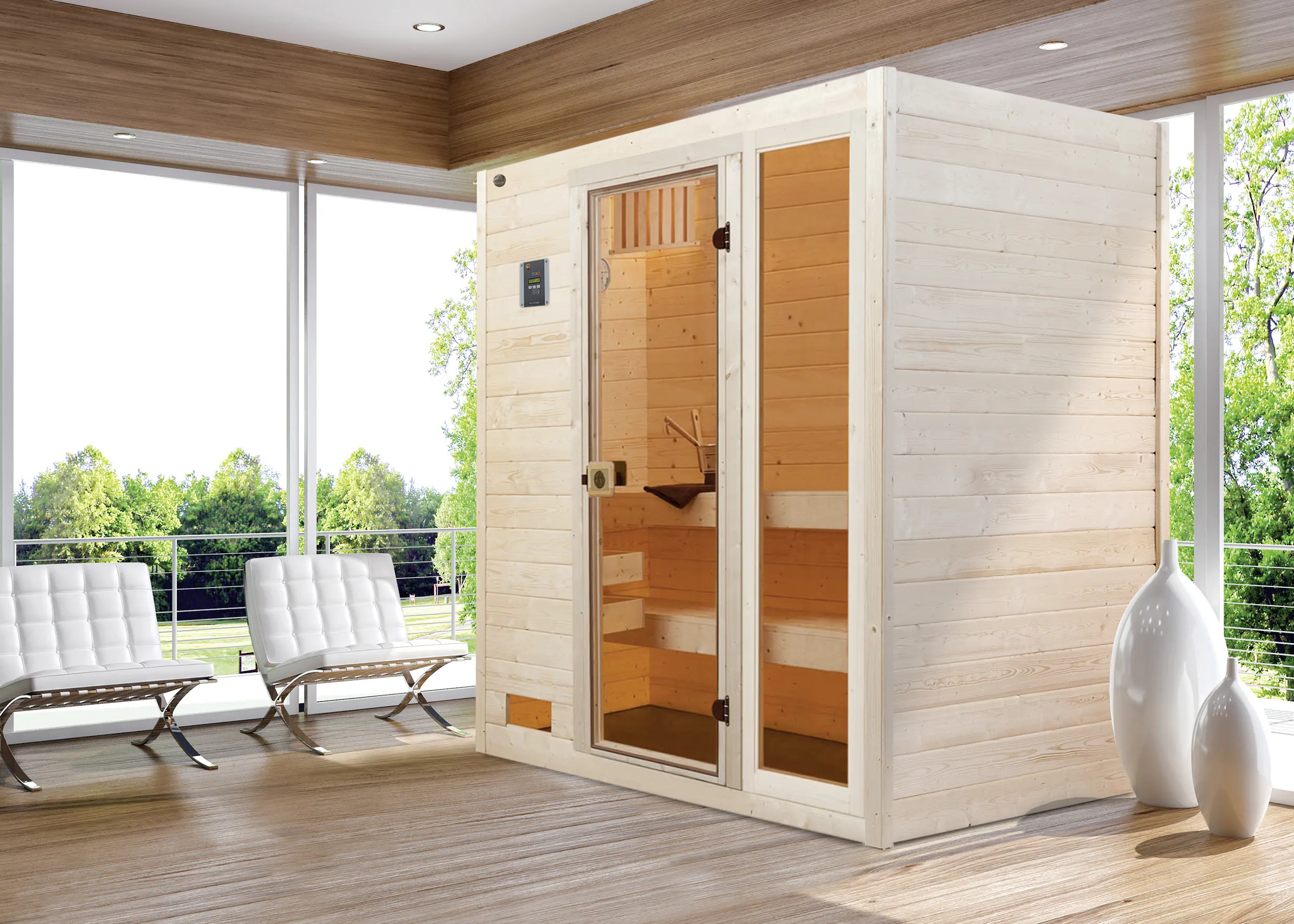 Weka Massivholzsauna Valida 2 mit Sicherheitsglastür und Fenster