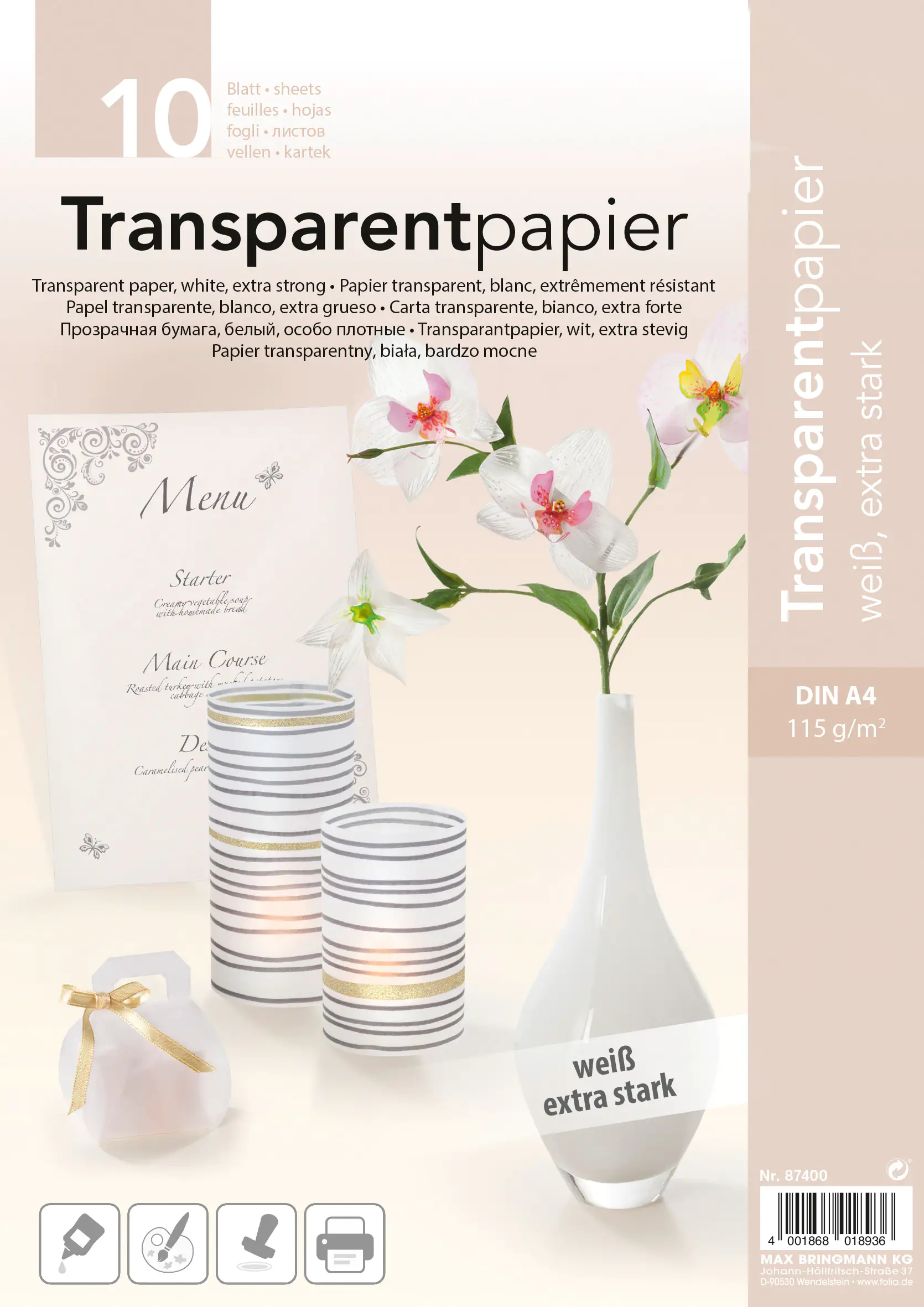 Transparentpapier weiss 115g/m2, DinA 4, 10 Blatt
