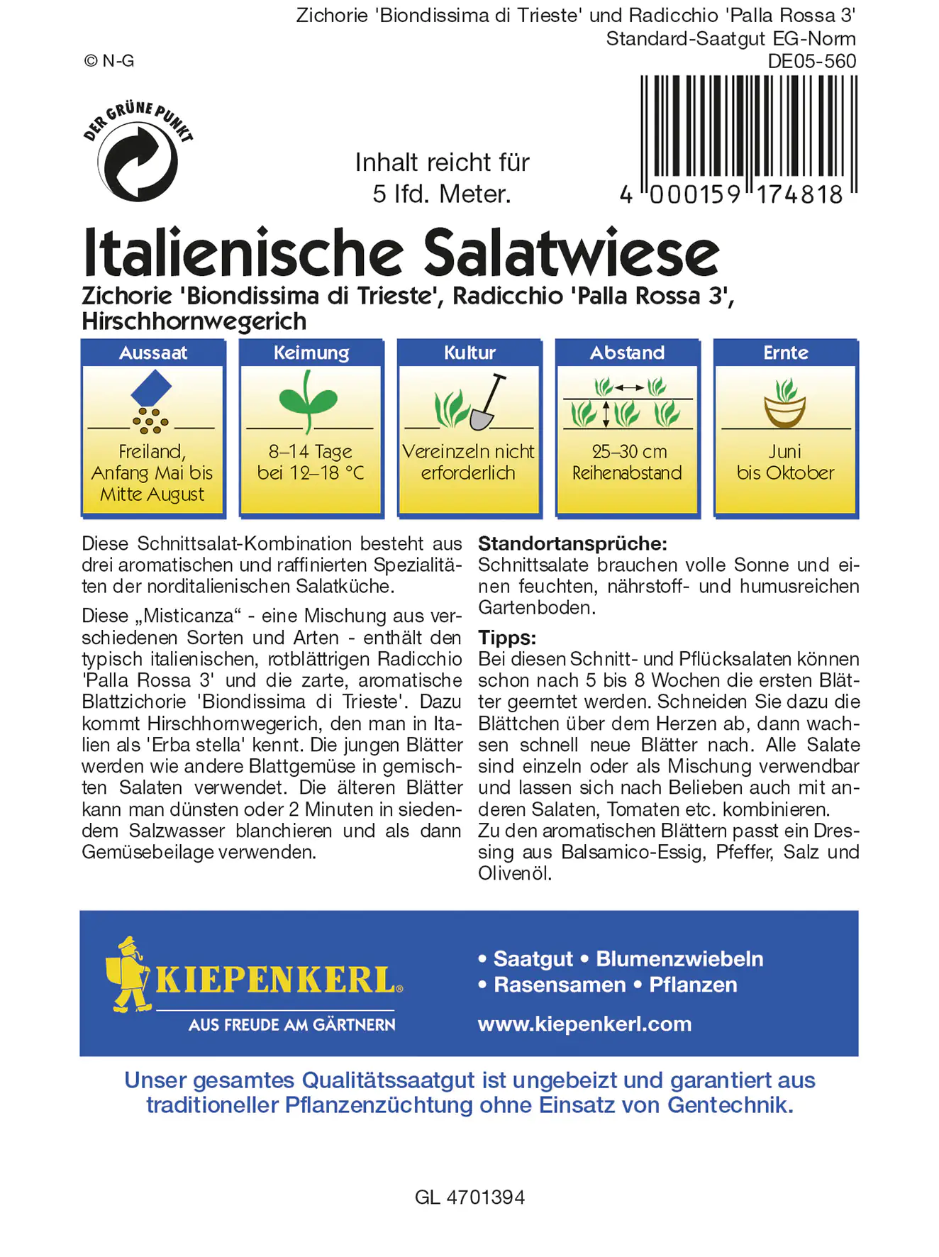 Kiepenkerl Italienische Salatwiese Saatband Inhalt reicht für 5 lfd. Meter Kiepenkerl Italienische Salatwiese Saatband Inhalt reicht für 5 lfd. Meter