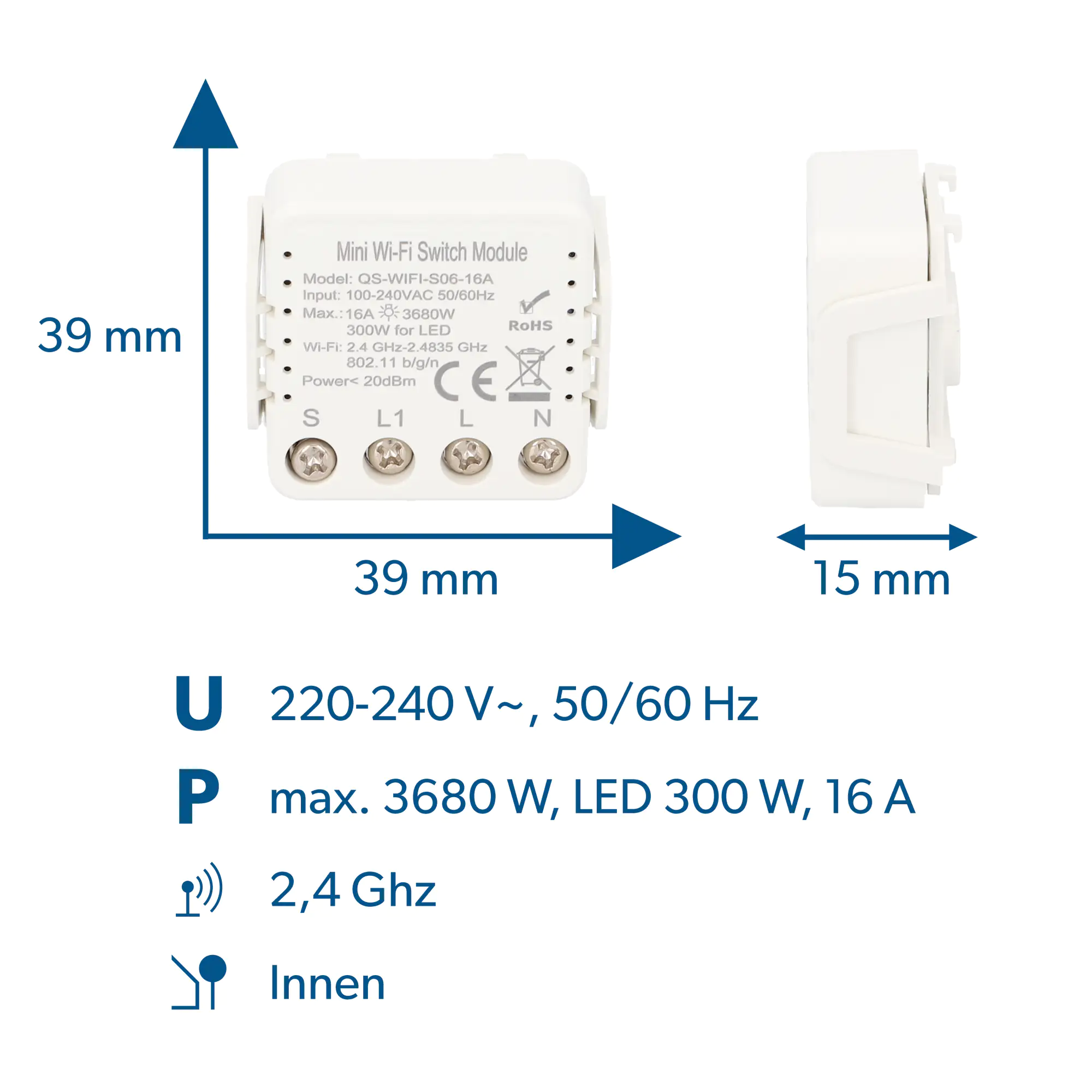 Unitec WIFI Schalter mini steuerbar per Tuya-App, Einbaumodul