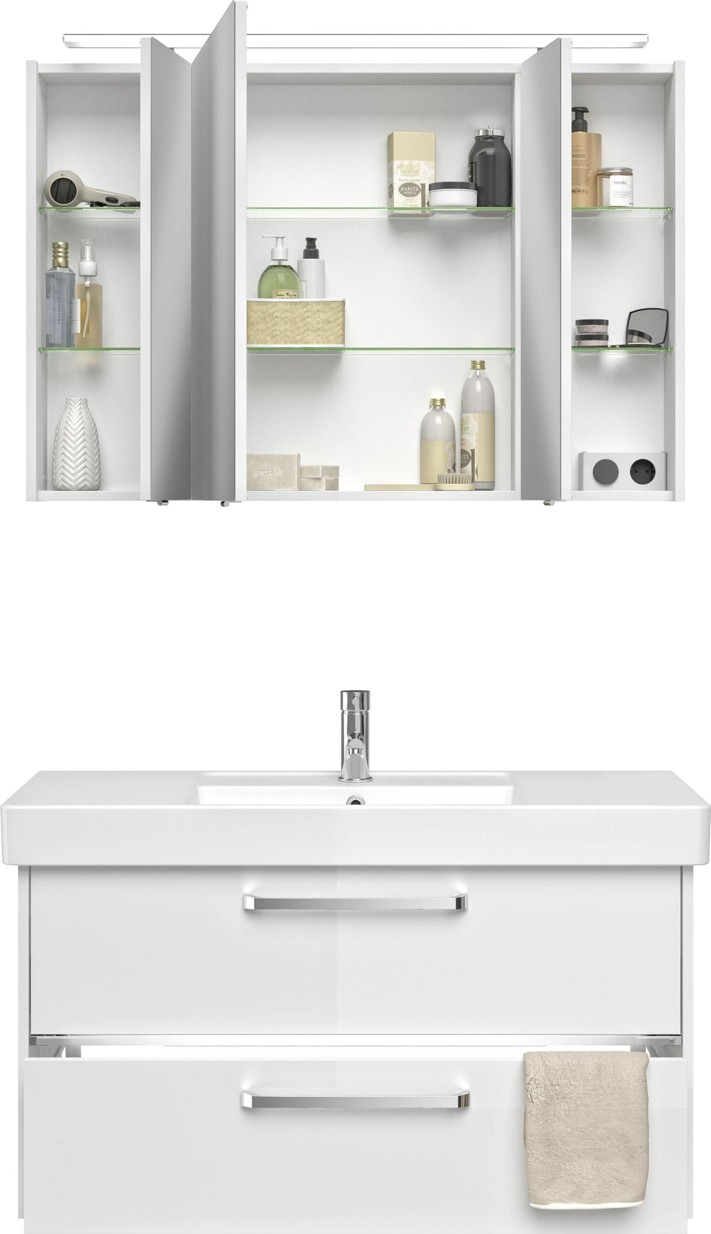 Primaster Badmöbel-Set Berlin weiß 105 cm LED-Leuchten, Keramikwaschtisch