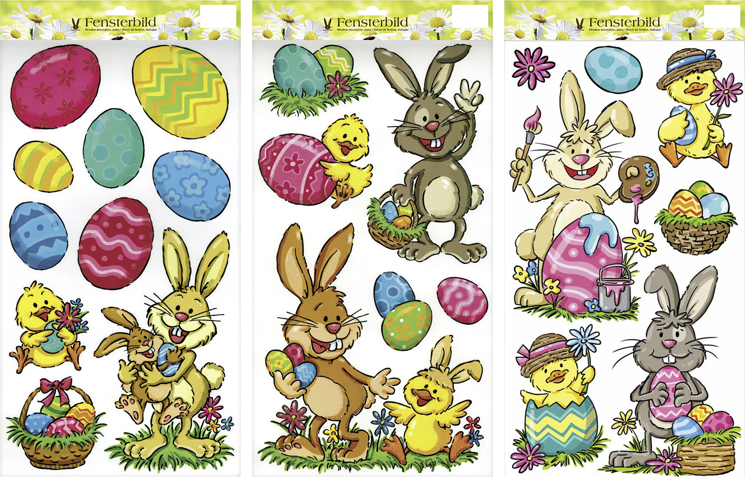 Fensterbild Ostern mit Hasen, Küken und Eiern bunt Fensterbild Ostern mit Hasen, Küken und Eiern bunt