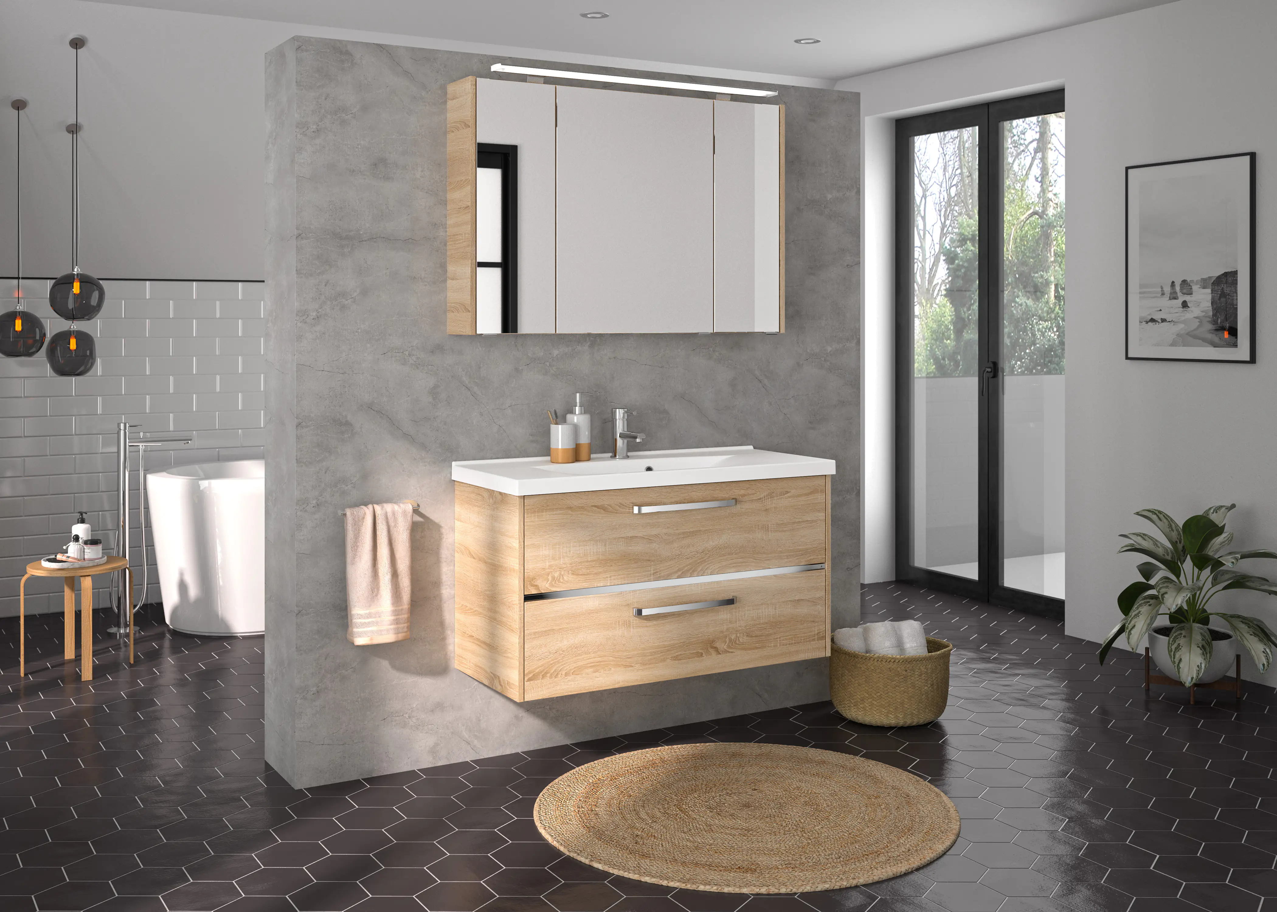 Primaster Badmöbelset Berlin eiche 105 cm LED-Leuchten, Mineralgusswaschtisch