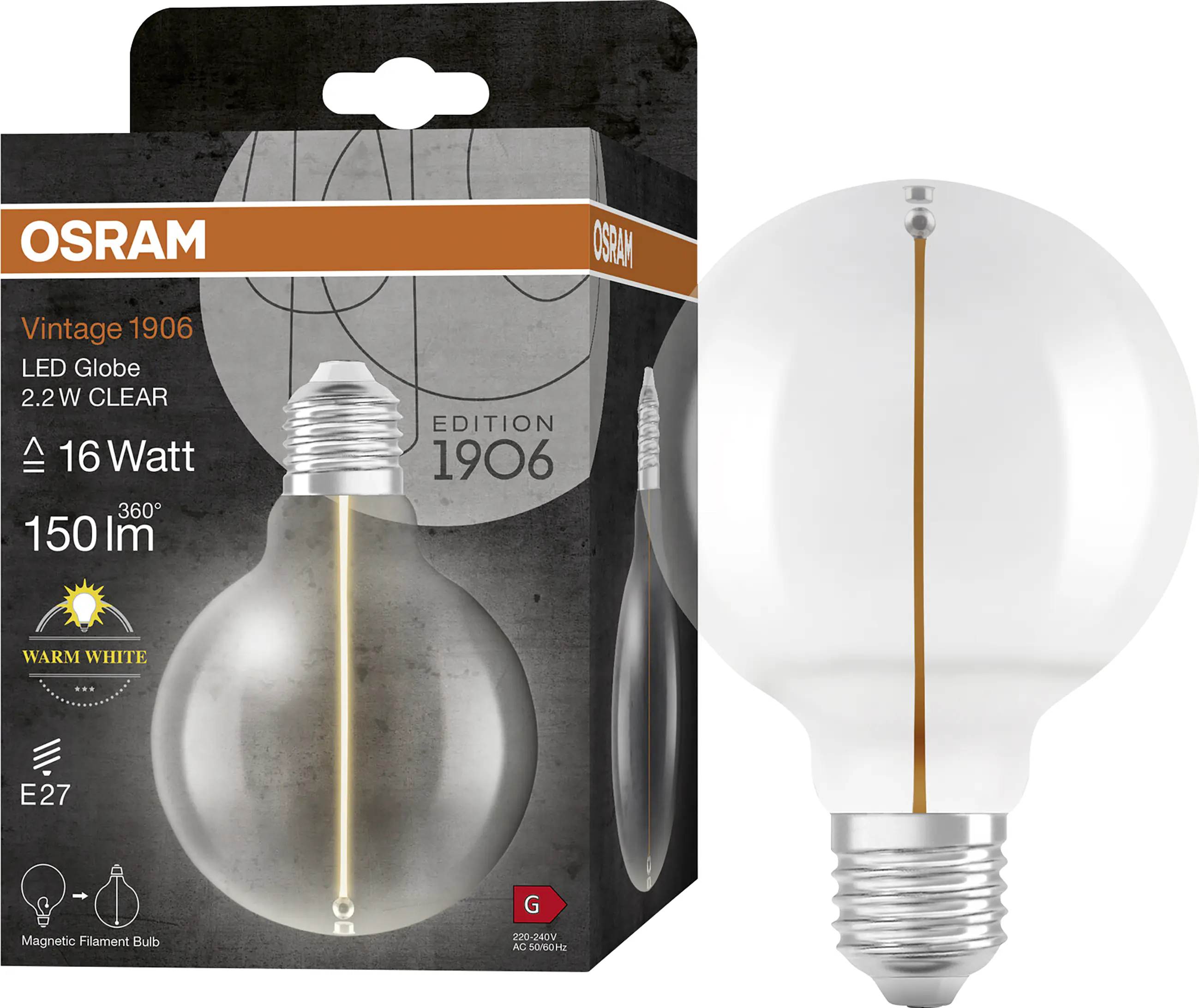 Osram LED Leuchtmittel Globe 95 E27 2,2 W warmweiß klar