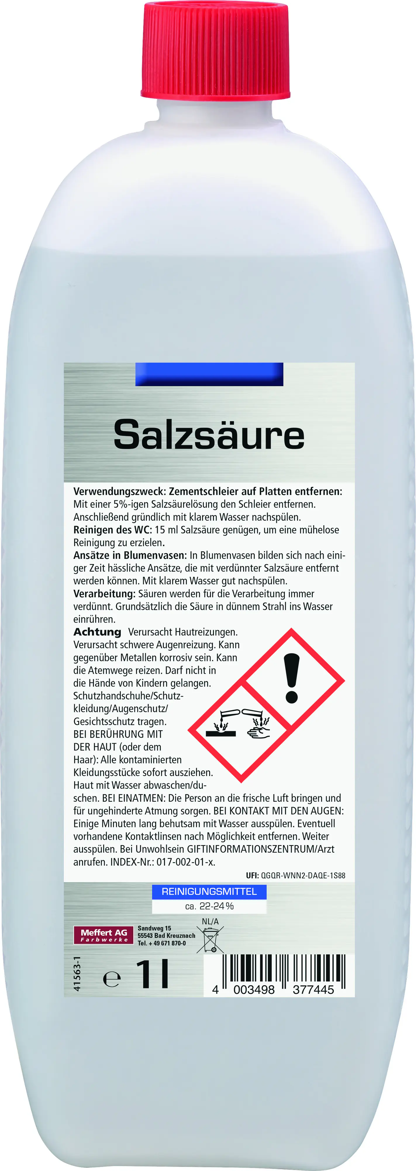 Salzsäure 22 – 24 % für Reinigungszwecke 1 L Salzsäure 22 – 24 % für Reinigungszwecke 1 L