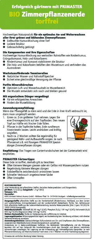 Primaster Bio Zimmerpflanzerde torffrei 10 L Primaster Bio Zimmerpflanzerde torffrei 10 L