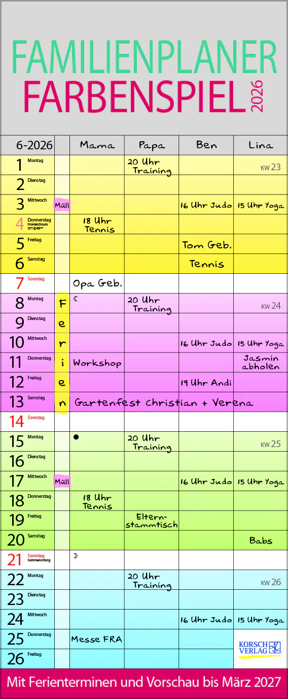 Korsch Kalender Familienplaner 2026 Farbenspiel 19 x 46 cm
