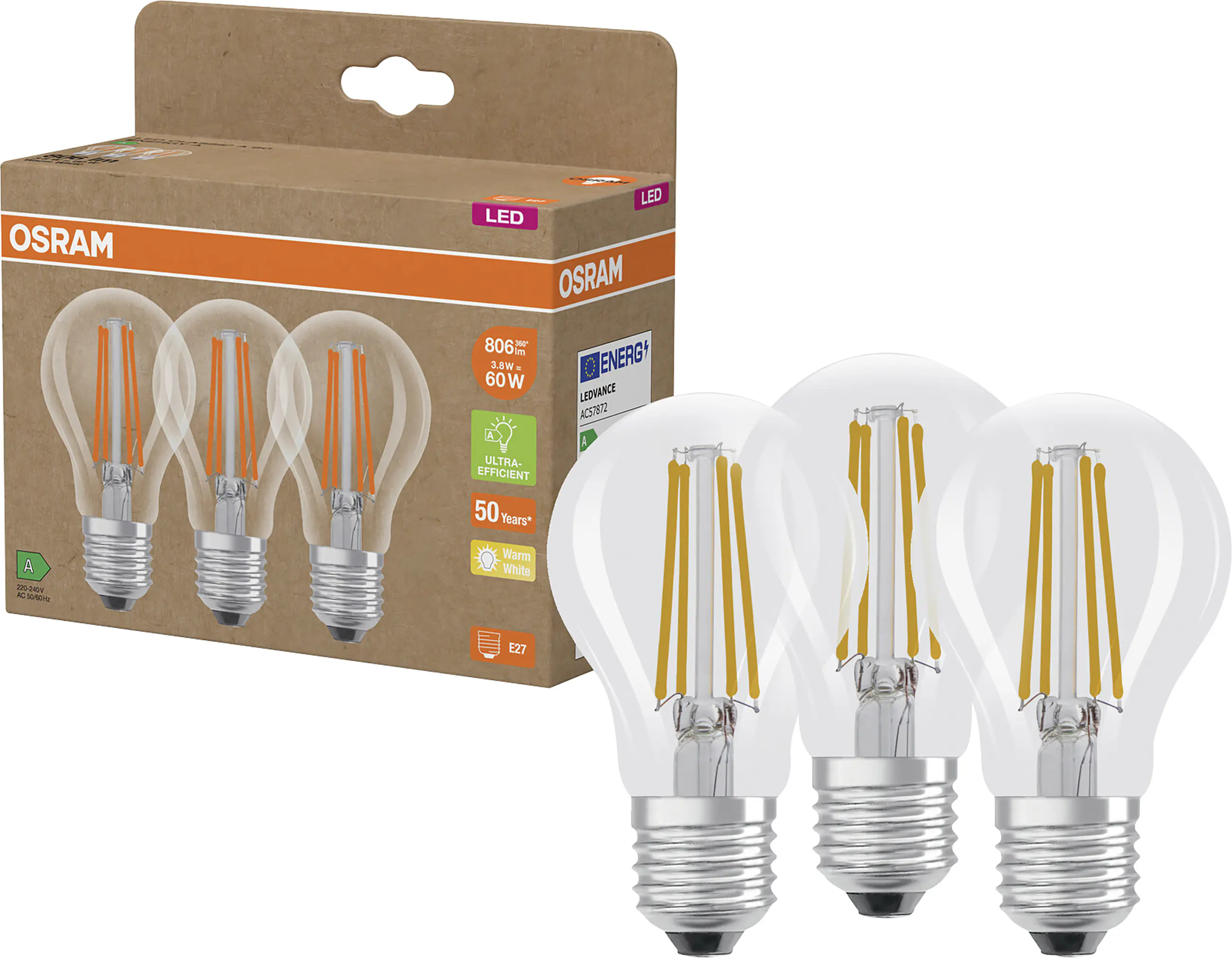 Osram LED Leuchtmittel E27 3er Pack Classic 3,8W klar warmweiß Osram LED Leuchtmittel E27 3er Pack Classic 3,8W klar warmweiß