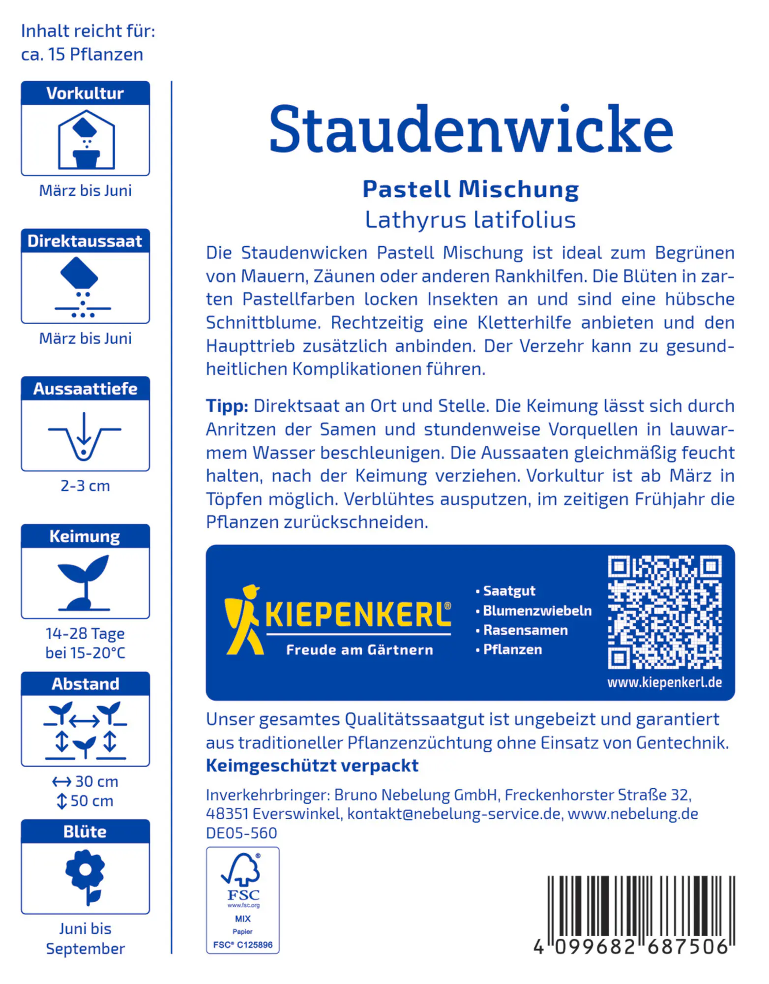 Kiepenkerl Blumensamen Staudenwicken Pastell Mischung für ca. 15 Pflanzen