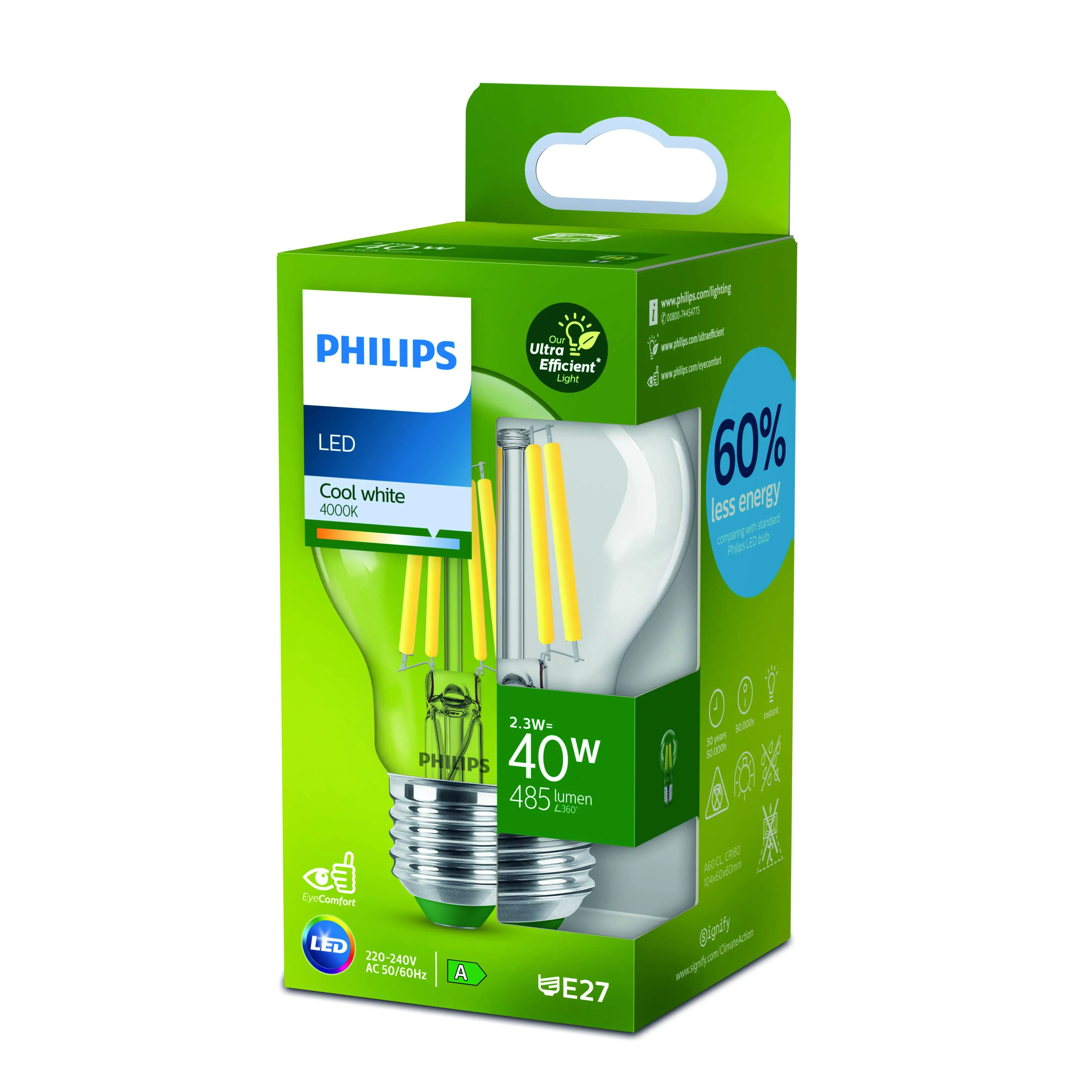 Philips LED-Leuchtmittel Birnenform A60 E27 2.3W neutralweiß