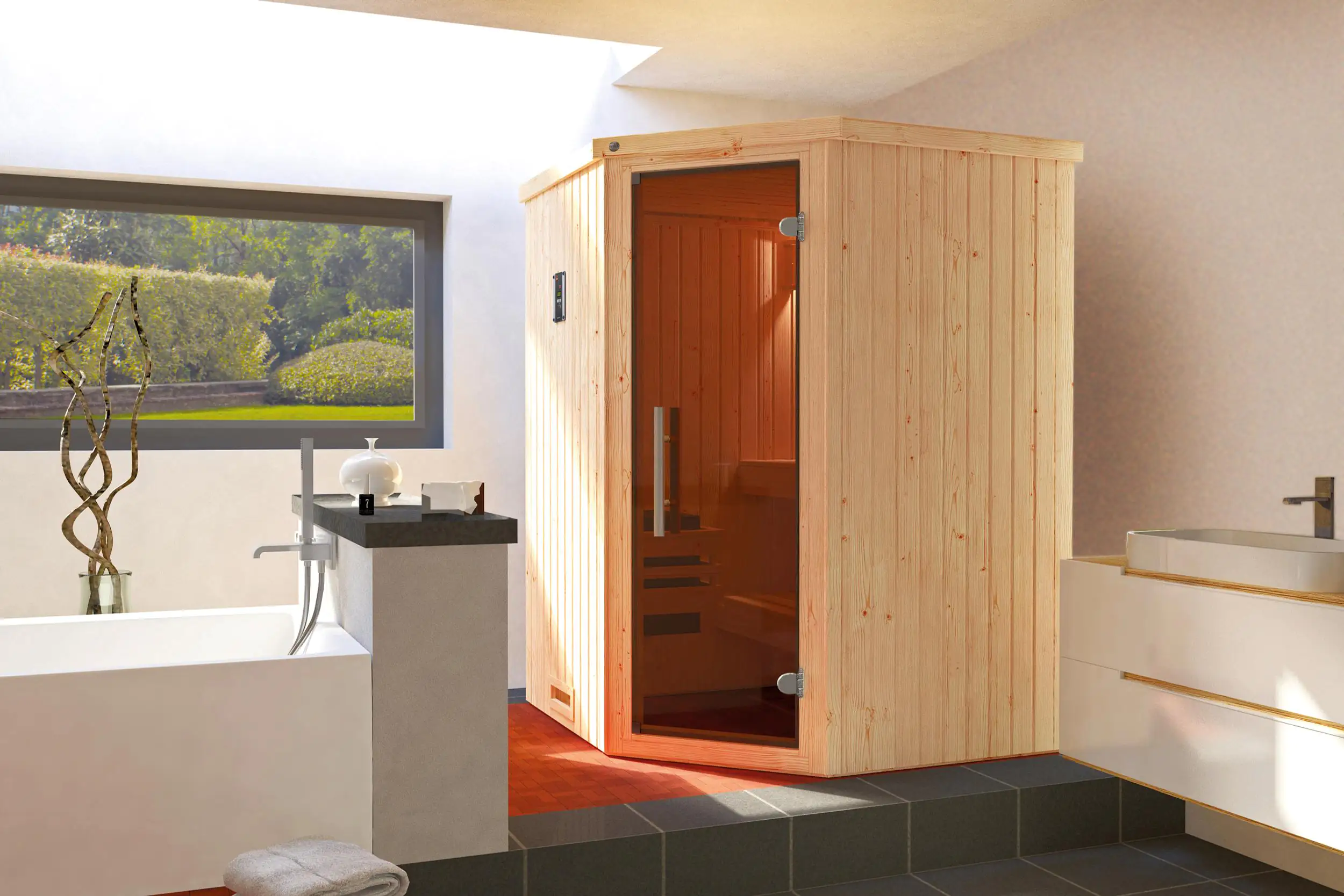 Weka Element-Ecksauna Kiruna 1 mit Glastür und Kompakt BioS Saunaofen Weka Element-Ecksauna Kiruna 1 mit Glastür und Kompakt BioS Saunaofen