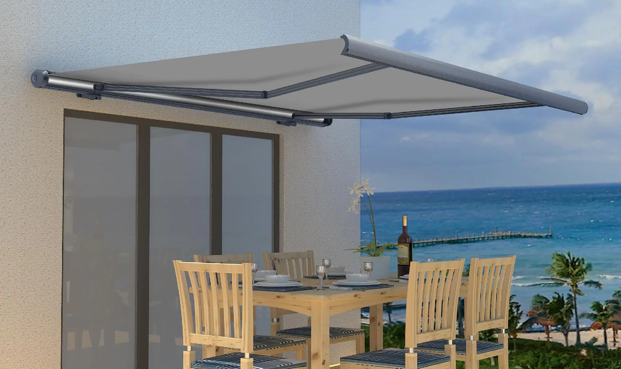 Primaster Kassetten-Markise elektr. Farbe grau Breite 500 cm Ausfall 300 cm Primaster Kassetten-Markise elektr. Farbe grau Breite 500 cm Ausfall 300 cm