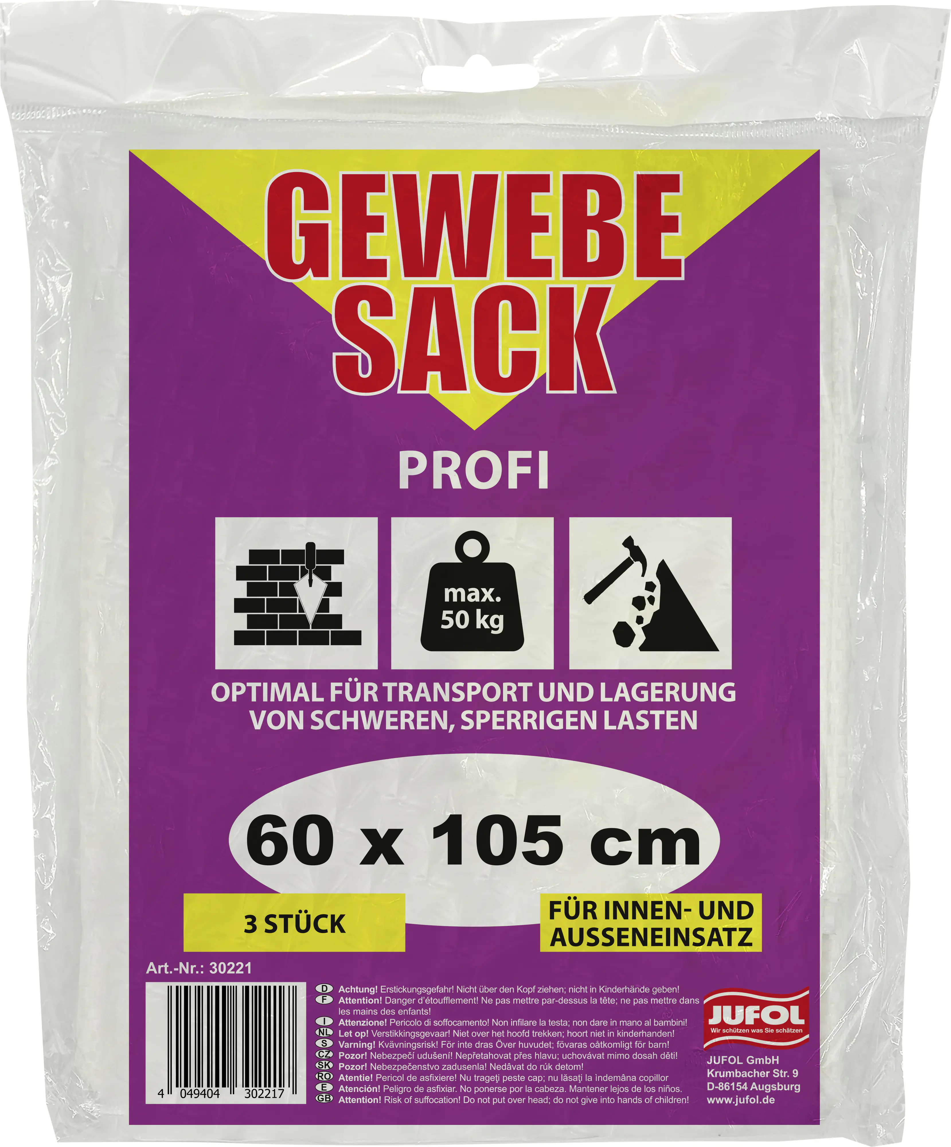 Gewebesäcke ca. 50g/m² 600 x 1050 mm, weiß  3 Stück/Pack