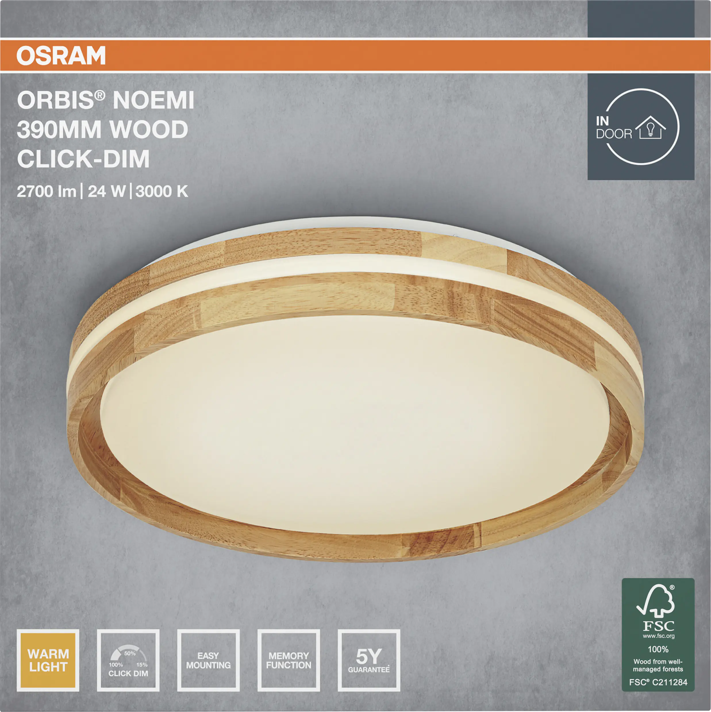 Osram LED-Deckenleuchte Orbis Noemi Wood Ø 38 cm24 W Holzdekor dimmbar warmweiß