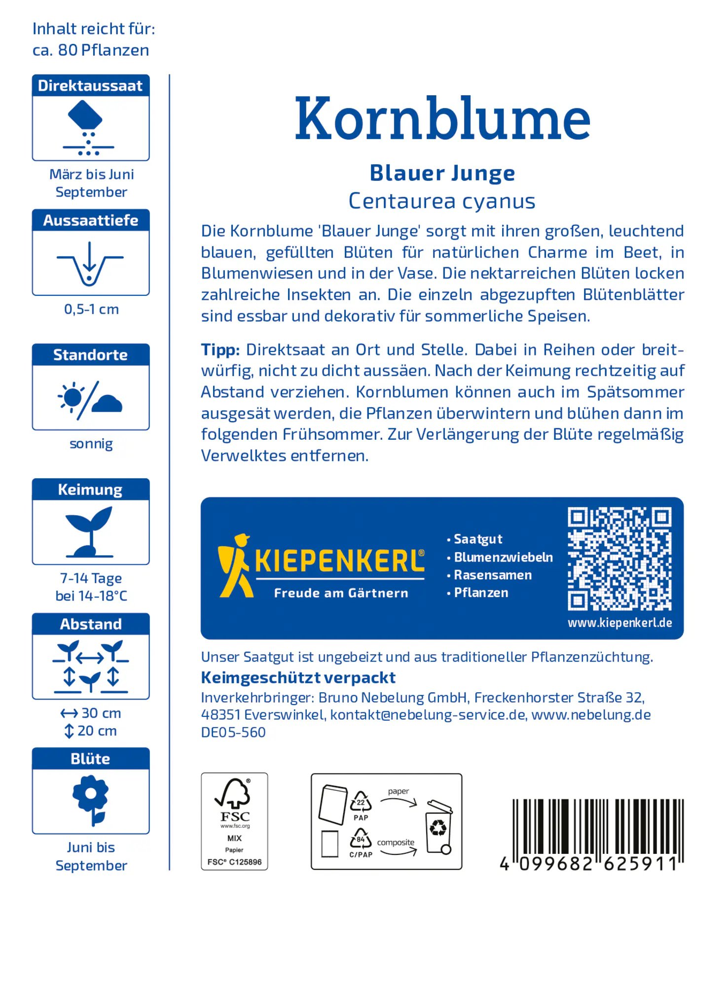 Kiepenkerl Blumensamen Kornblume Blauer Junge für ca. 80 Pflanzen