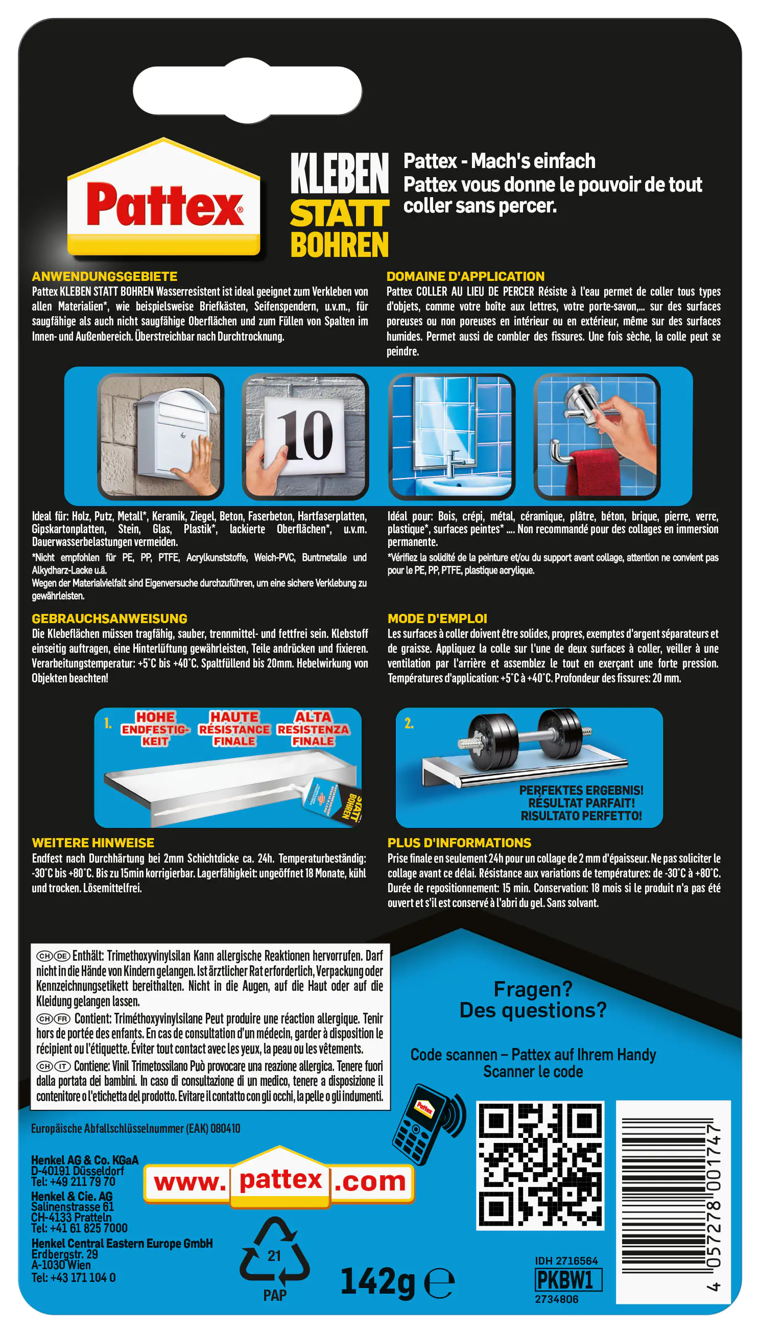 Pattex Montagekleber Kleben statt Bohren Wasserresistent 142 g Tube, weiß