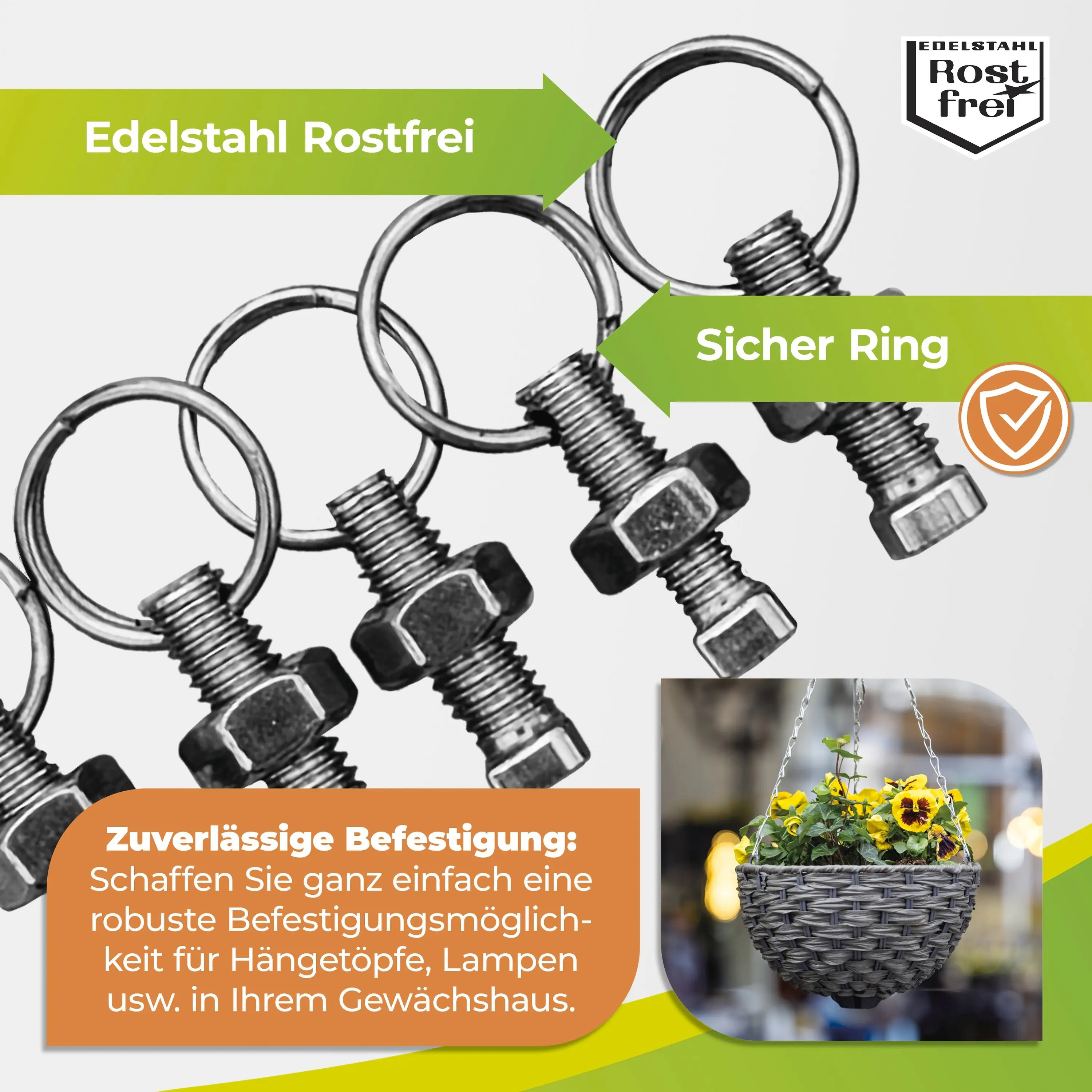BioGreen Hammerkopfschrauben rostfrei mit Mutter & Ring-Öse M6 x 15 mm – 5 Stück Edelstahl