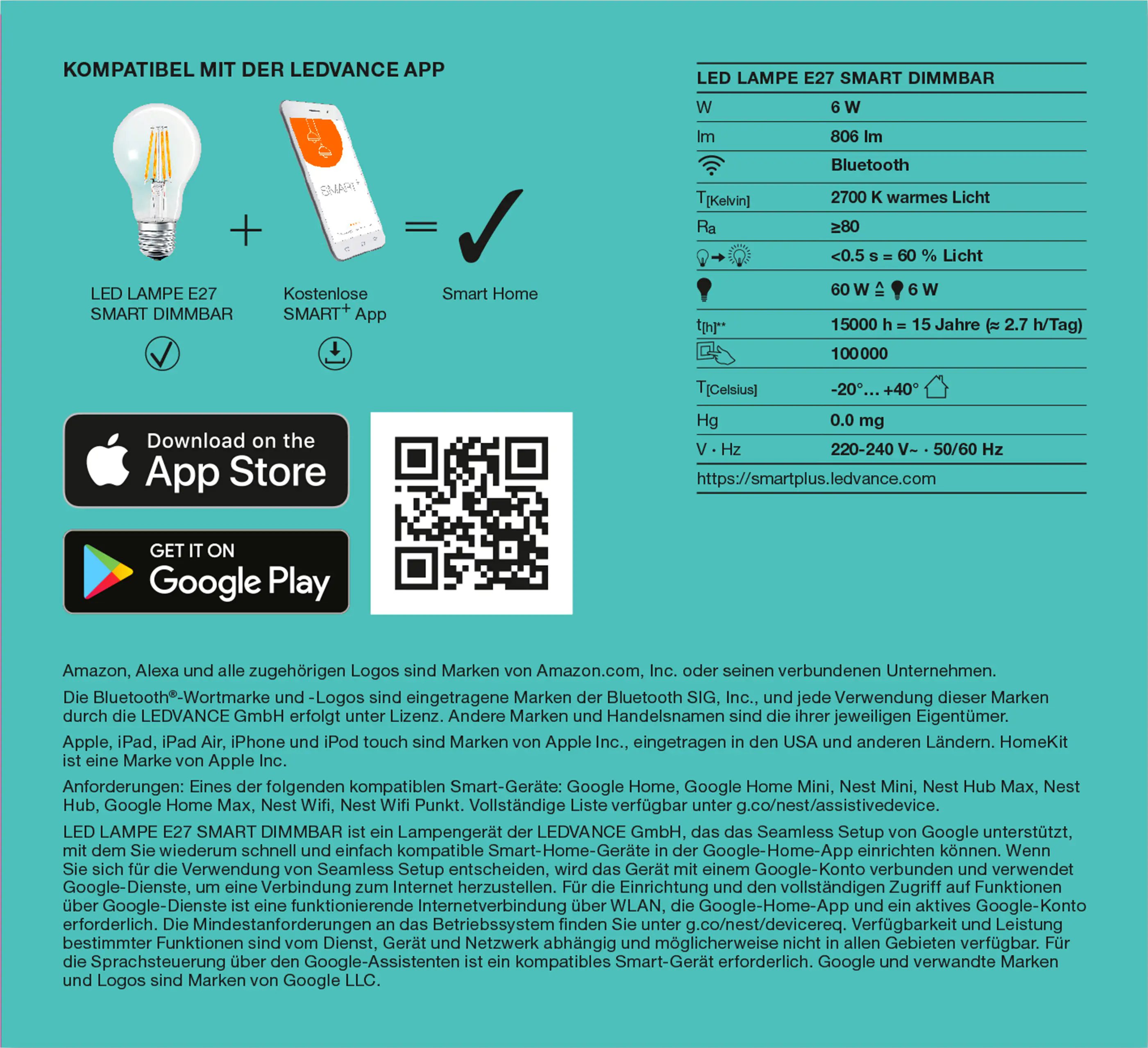 Ledvance Smart+ LED Leuchtmittel E27 Filament 6 W