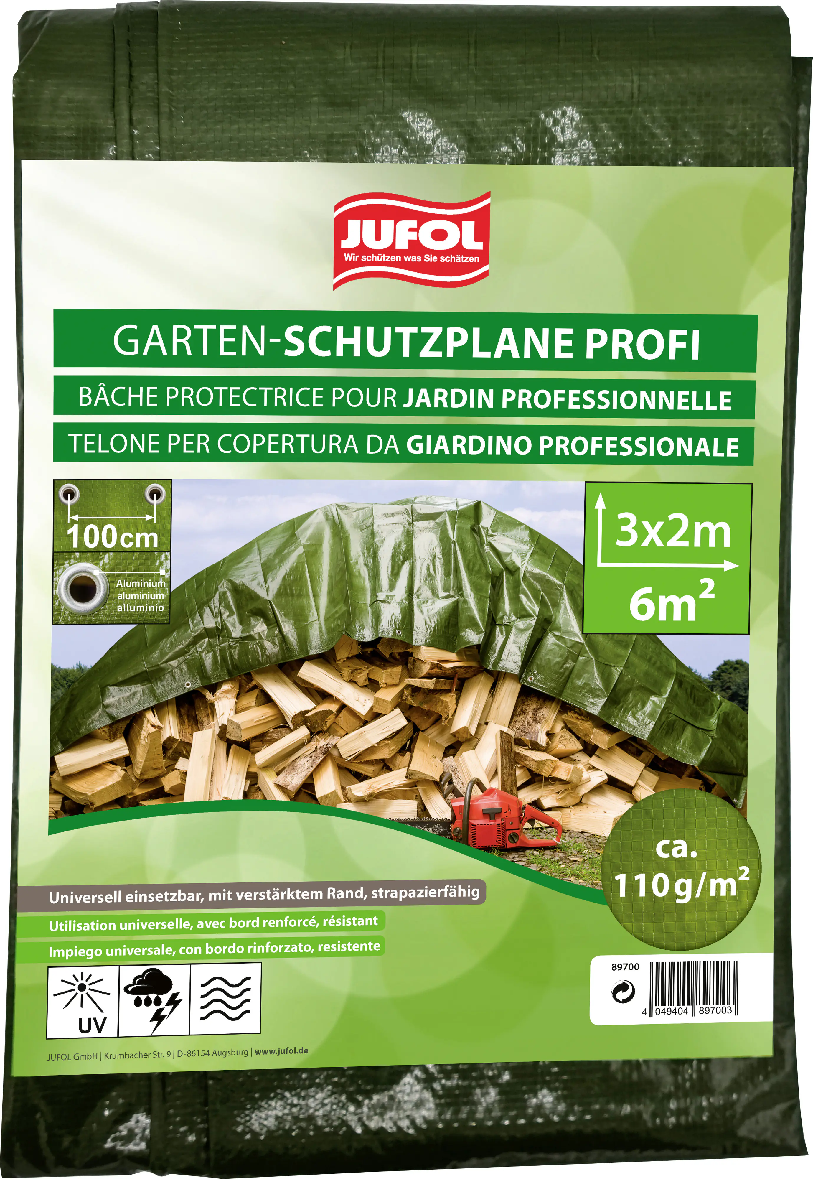 Jufol Abdeckplane Profi 2 x 3 m = 6 m² - 110 g/m² silber-grün