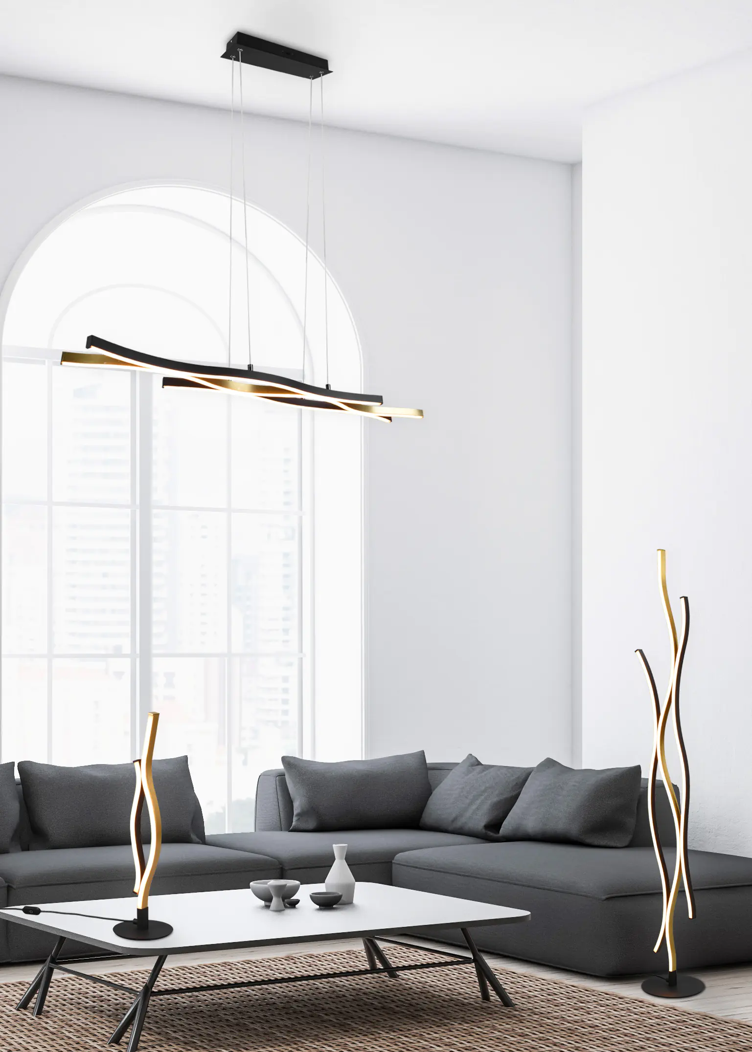 Trio Leuchten LED Pendelleuchte Blaze schwarz-messing 107 x 15,5 cm dimmbar