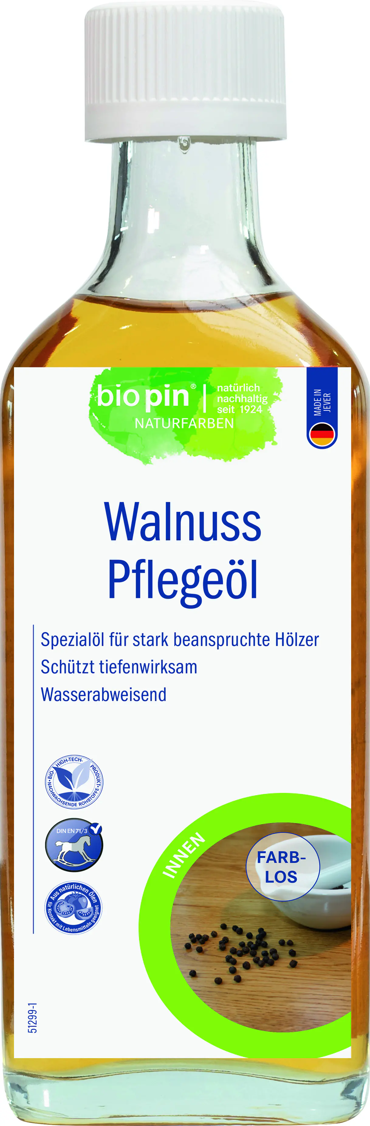 Biopin Naturfarben Pflegeöl Walnuss 250 ml farblos