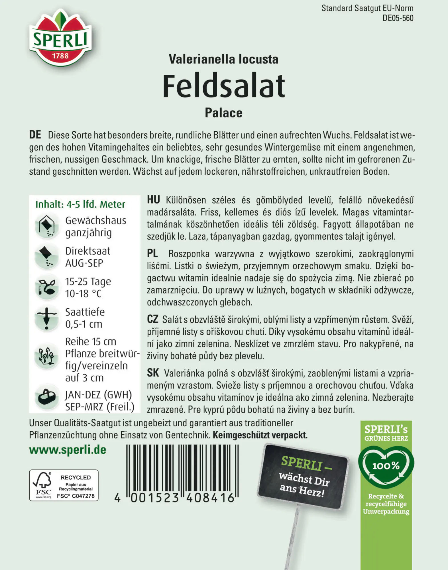 Sperli Saatgut Feldsalat Palace für bis zu 4-5 lfd. Meter