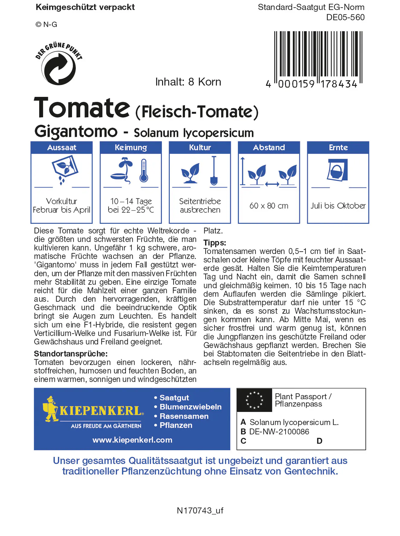 Kiepenkerl Fleisch-Tomate Gigantomo F1 Inhalt reicht für 8 Korn