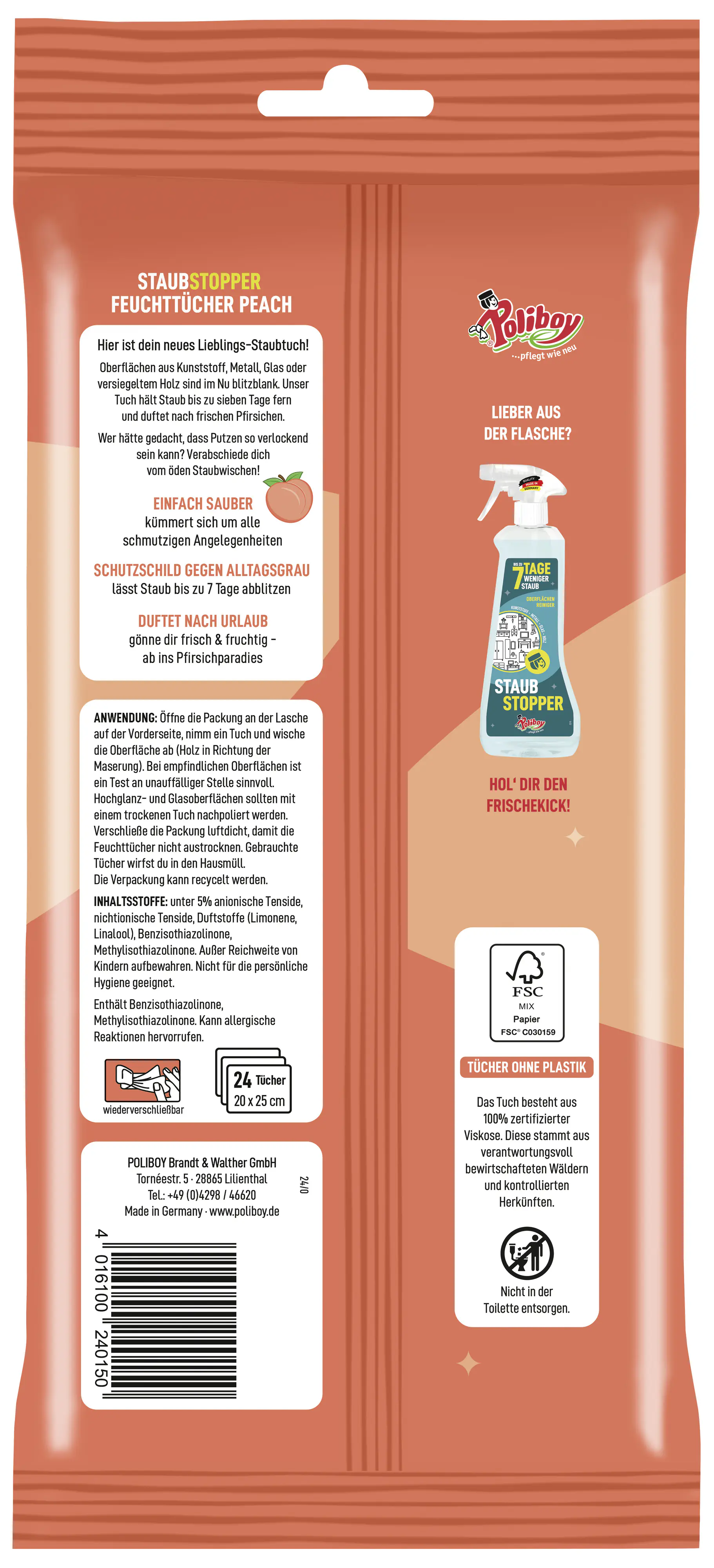 Poliboy Staubstopper Feuchttücher Pfirsich - 24 Stk. Poliboy Staubstopper Feuchttücher Pfirsich - 24 Stk.