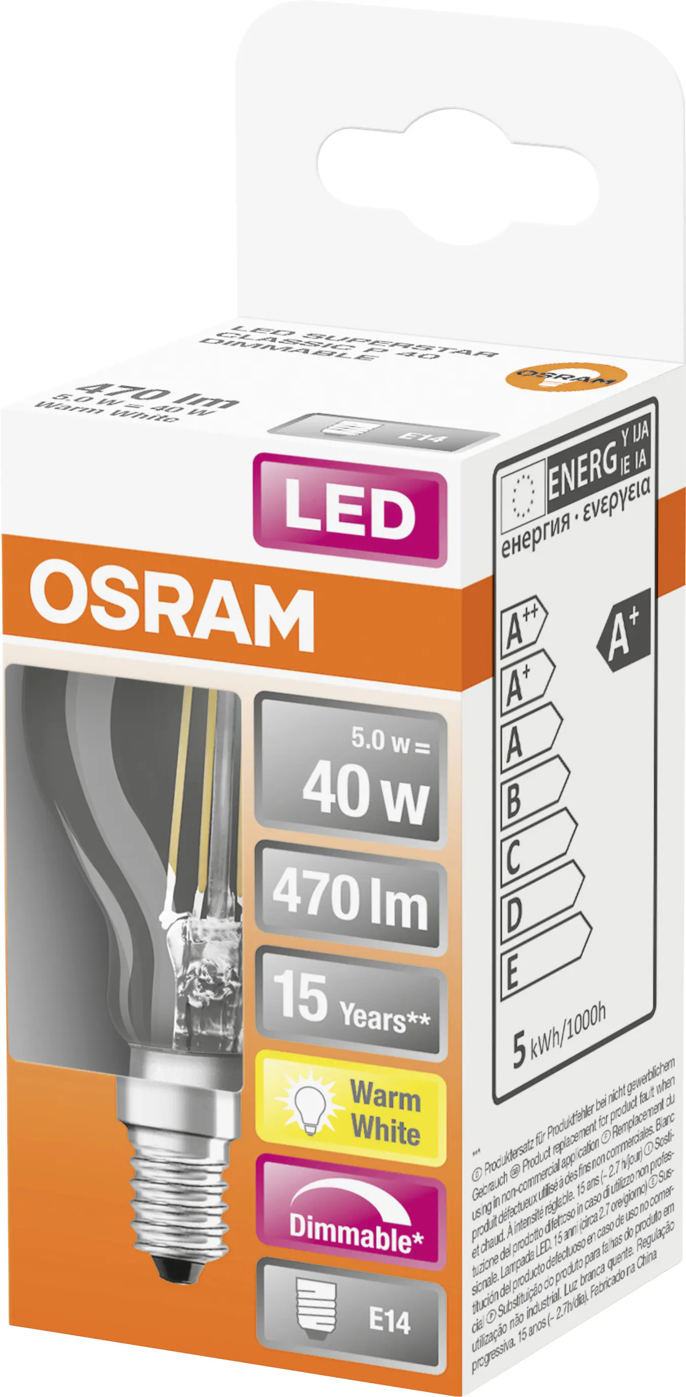 Osram LED Leuchtmittel Classic P40 E14 5W warmweiß, dimmbar, klar