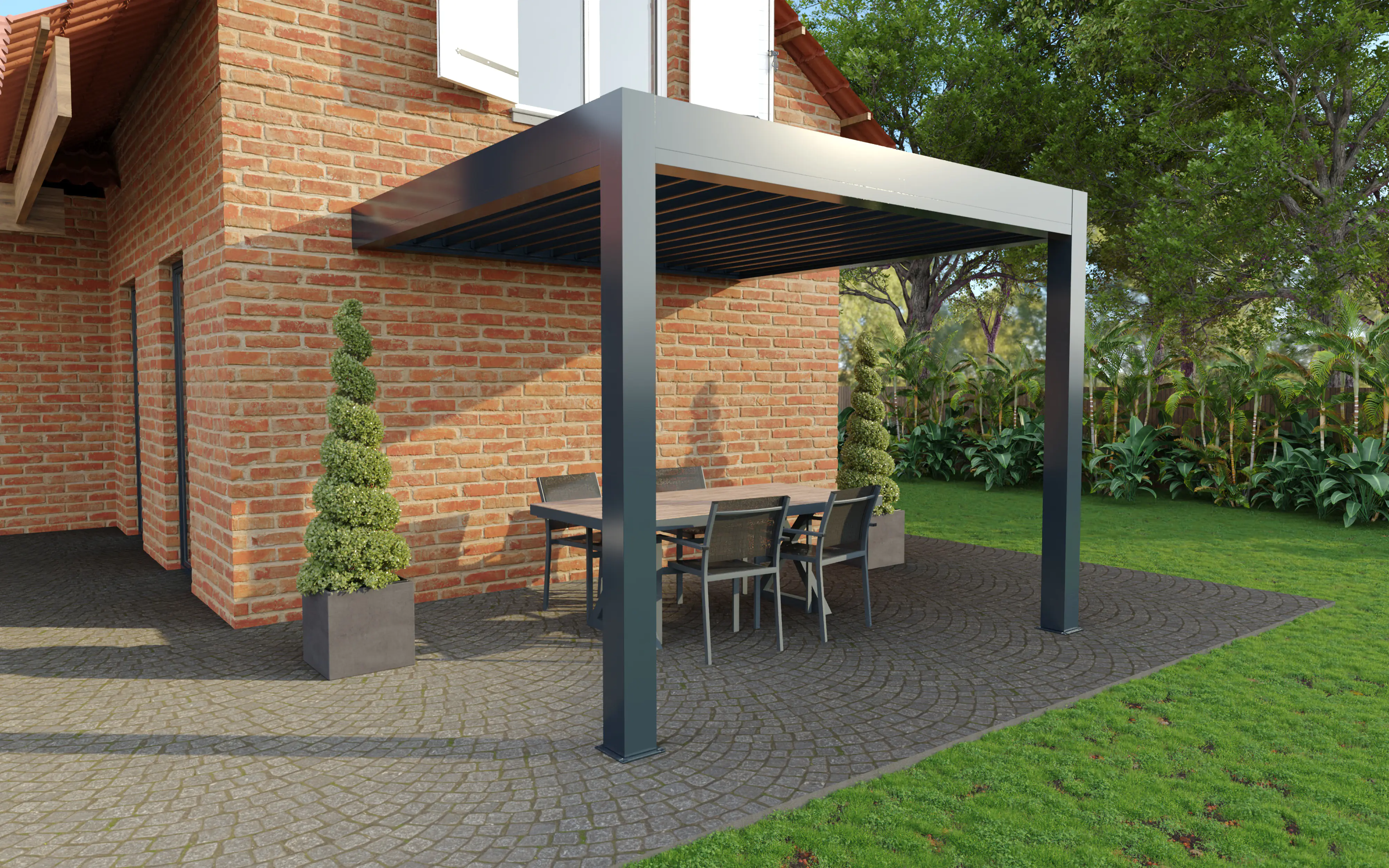 Lamellen Pavillon Wandanschluss 400 x 339 x 265 cm grau Lamellen Pavillon Wandanschluss 400 x 339 x 265 cm grau