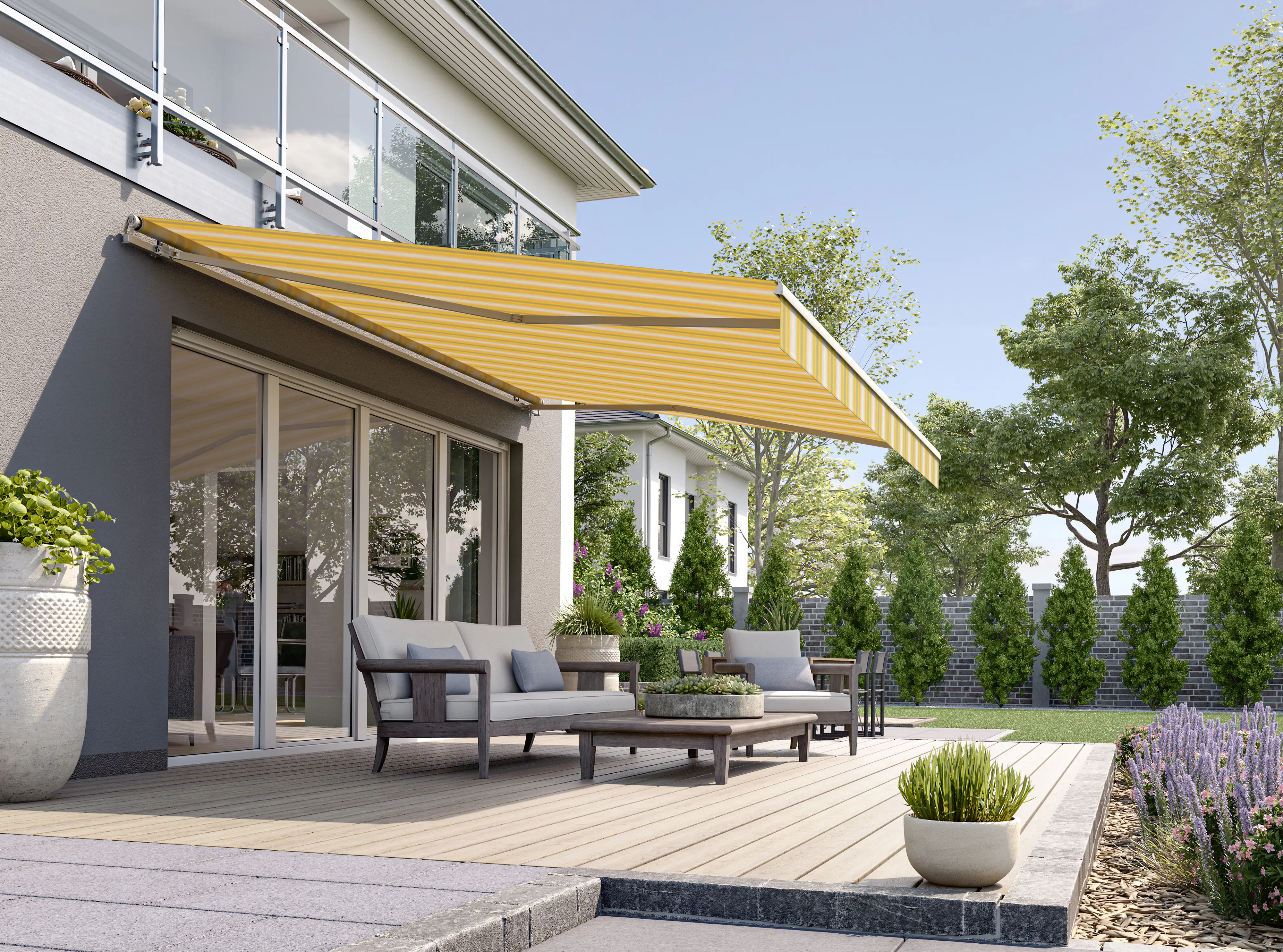 Gelenkarmmarkise Classic grau-gelb gestreift inkl. Motor, Handsender, Solar Panel