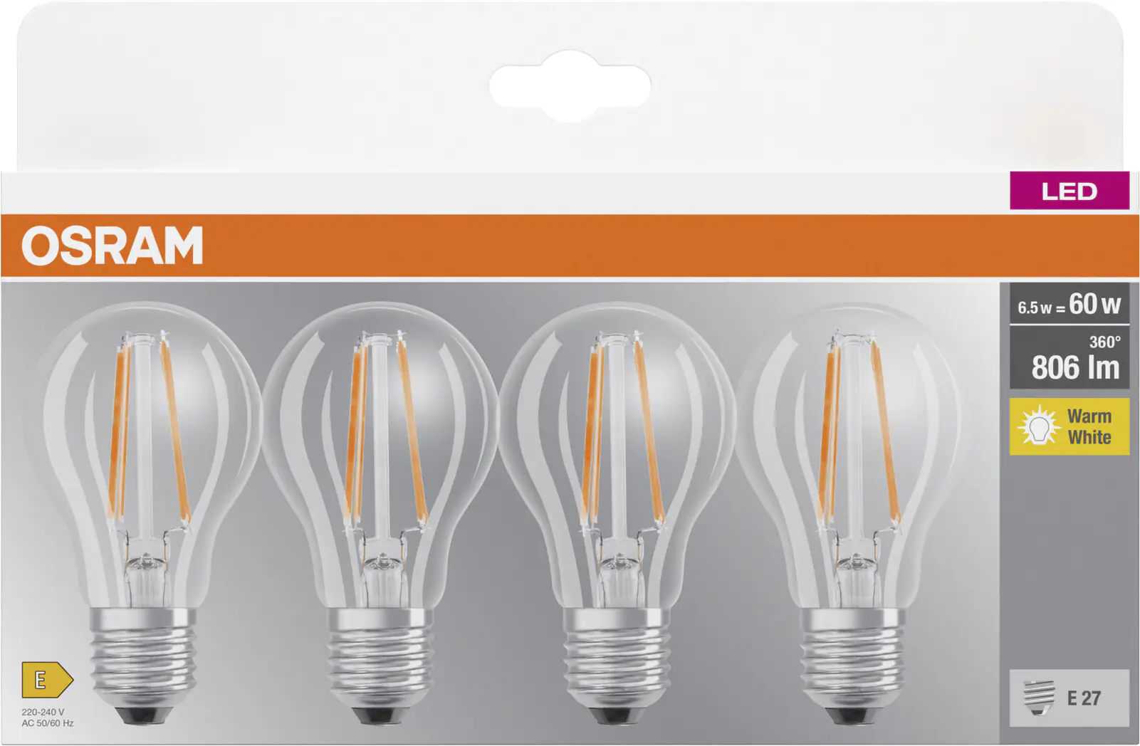 Osram LED Leuchtmittel Base Klassik A60 6,5W, 806lm, 2700K, warmweiß, 4er Pack