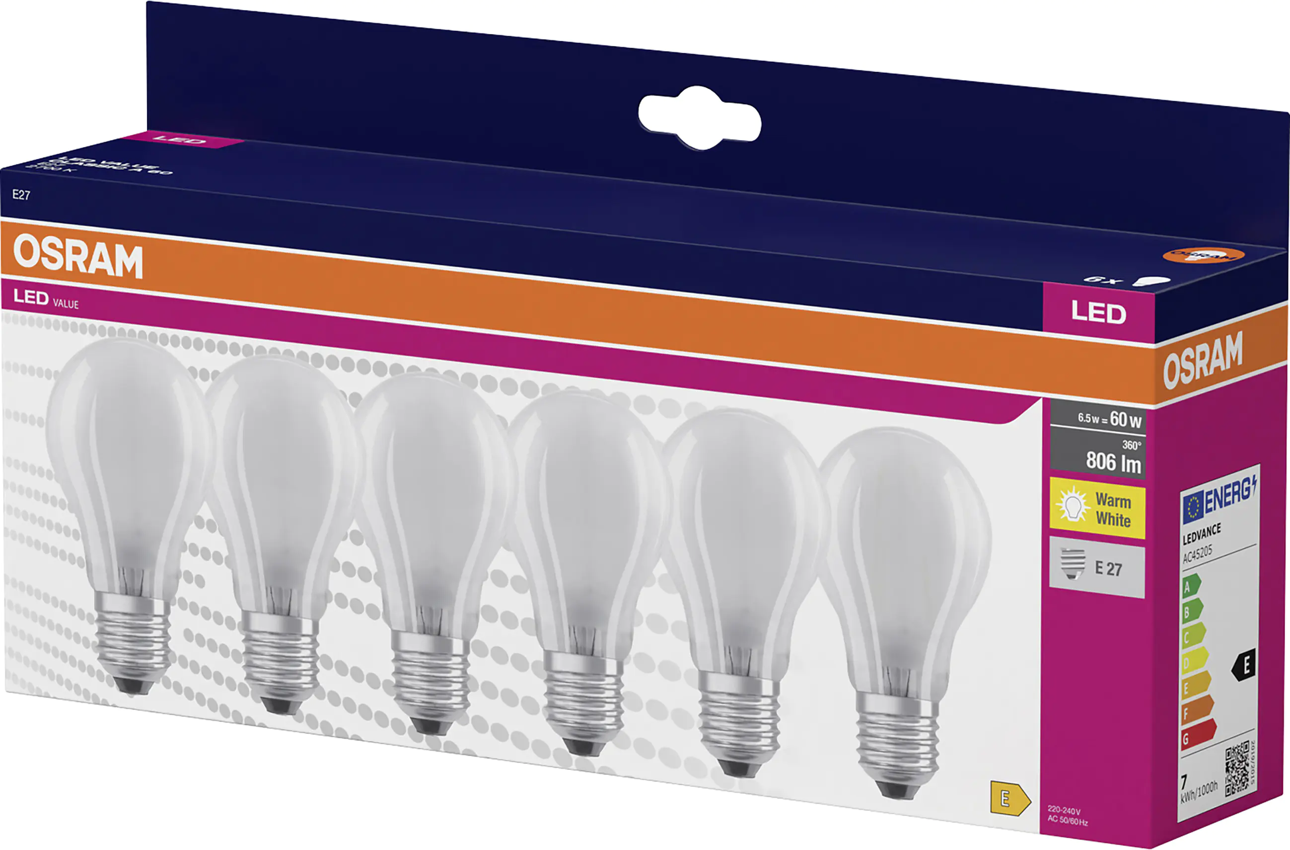 Osram Osram LED Leuchtmittel Klassik A60 E27 6,5 W warmweiß weiß matt 6er Pack