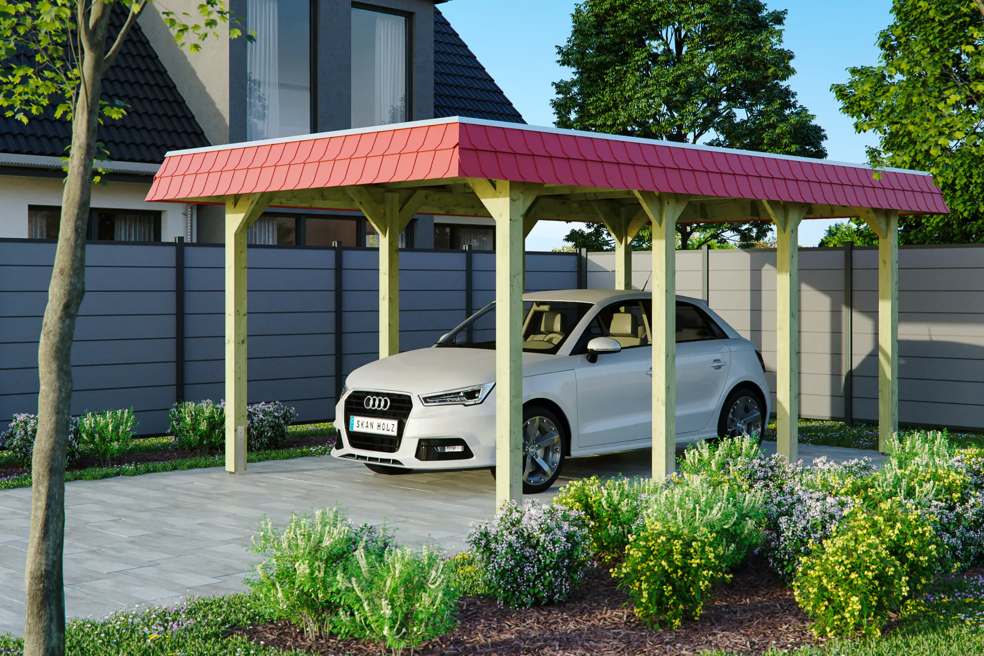 4018211033942 SKAN HOLZ Carport Spreewald 345 x 589 cm mit EPDM-Dach, rote Blende