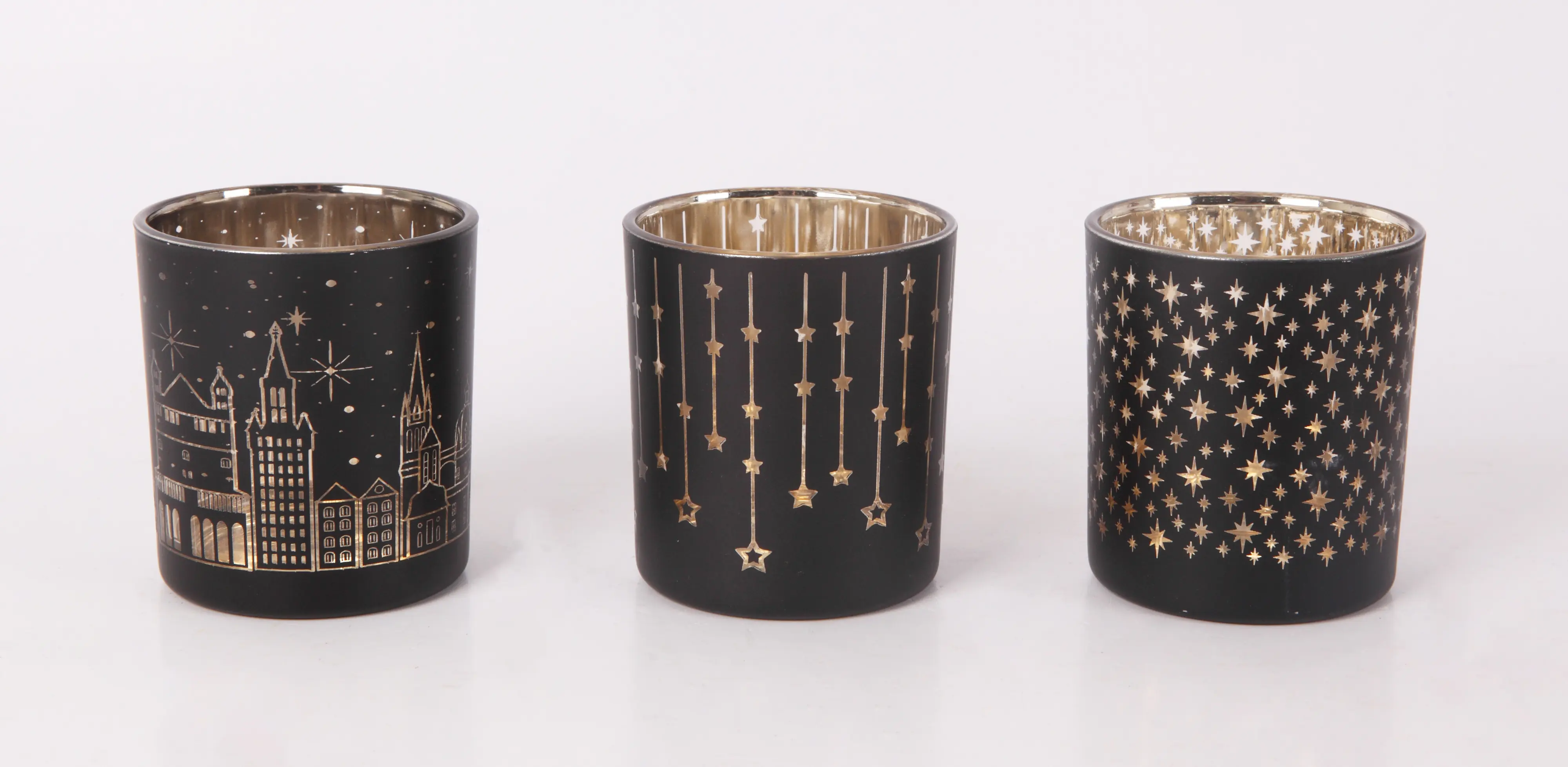 Windlicht Weihnachten Glas Ø 7 x 8 cm schwarz gold 3-fach sortiert Windlicht Weihnachten Glas Ø 7 x 8 cm schwarz gold 3-fach sortiert