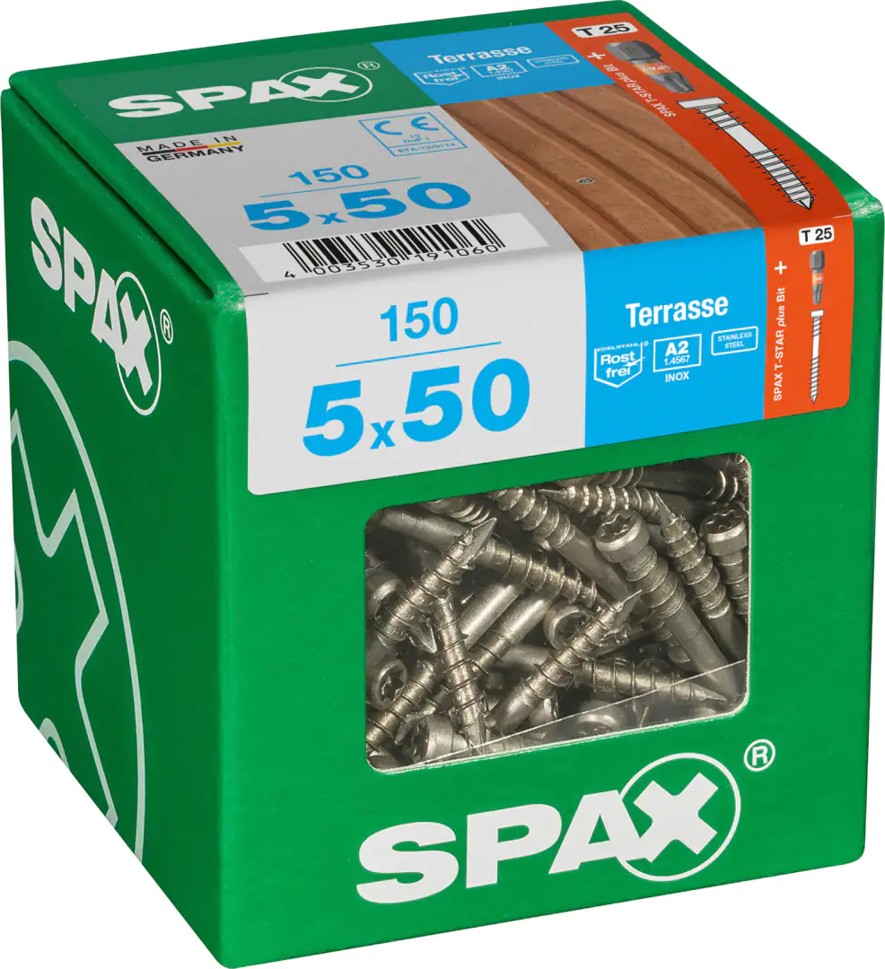 Spax Terrassenschrauben 5.0 x 50 mm TX 25 - 150 Stk. Spax Terrassenschrauben 5.0 x 50 mm TX 25 - 150 Stk.