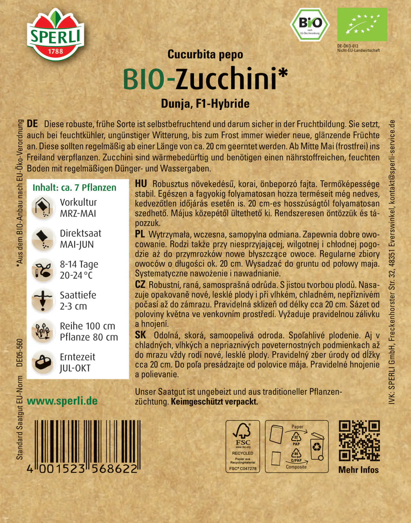 Sperli BIO Zucchini F1