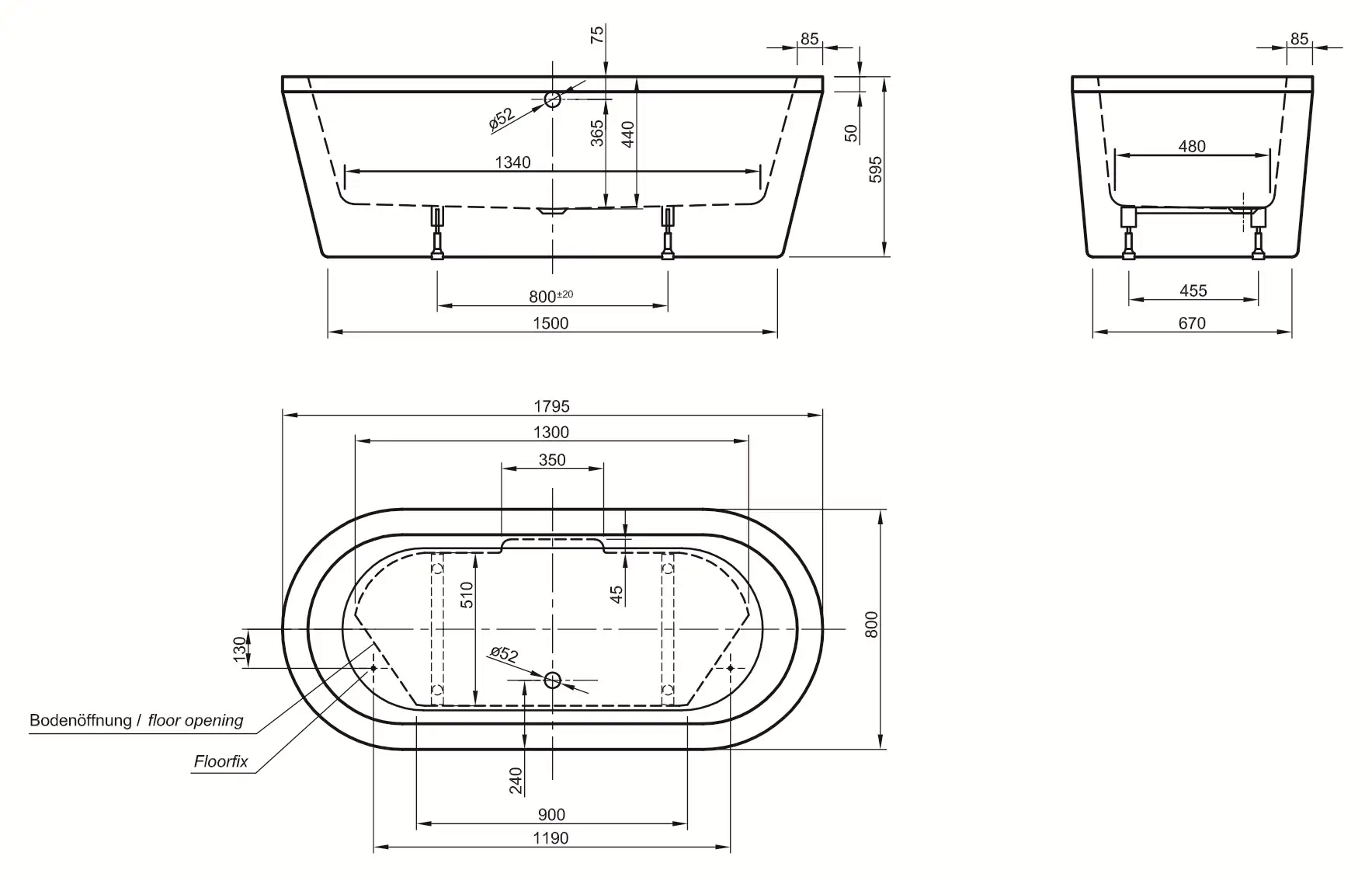 Ottofond Freistehende Badewanne Flora 179,5 x 80 x 44 cm, weiß