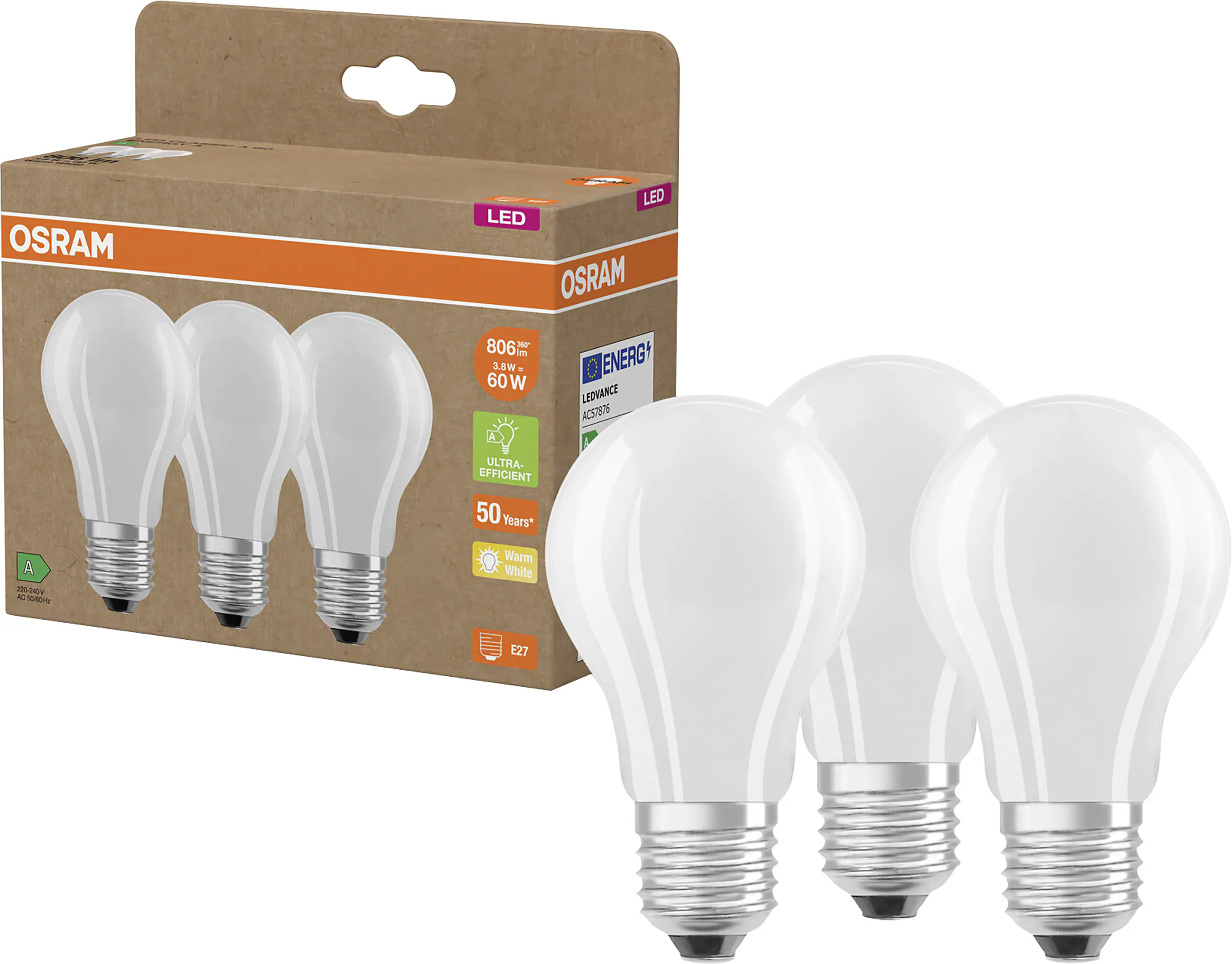 Osram LED Leuchtmittel Classic E27 3er Pack 3,8W matt warmweiß Osram LED Leuchtmittel Classic E27 3er Pack 3,8W matt warmweiß