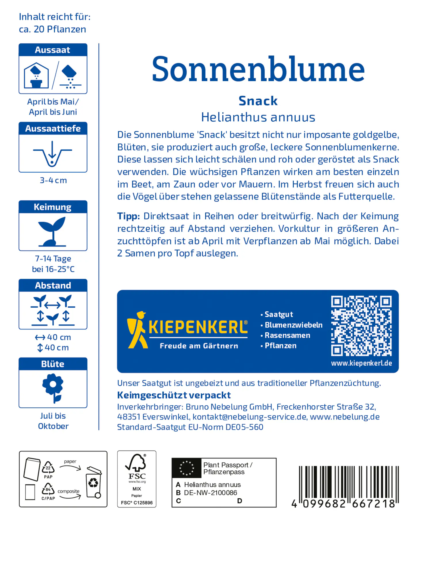 Kiepenkerl Profi-Line Blumensamen Sonnenblumen Snack für ca. 20 Pflanzen