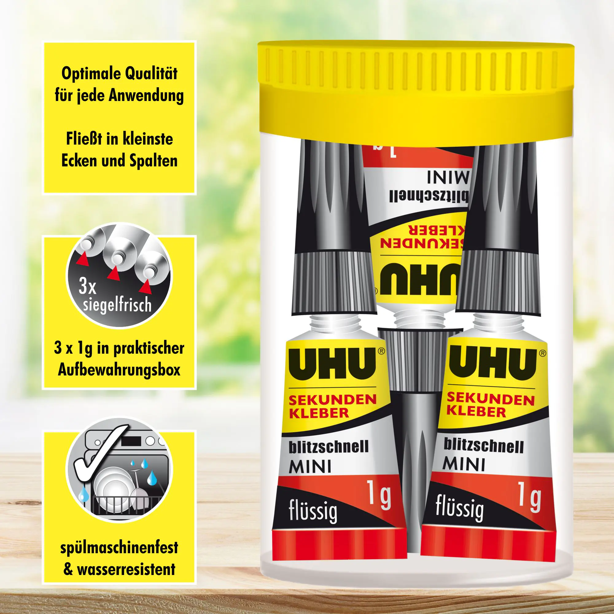 UHU Sekundenkleber blitzschnell Minis 3 g (3 x 1 g), flüssig, in der praktischen Box