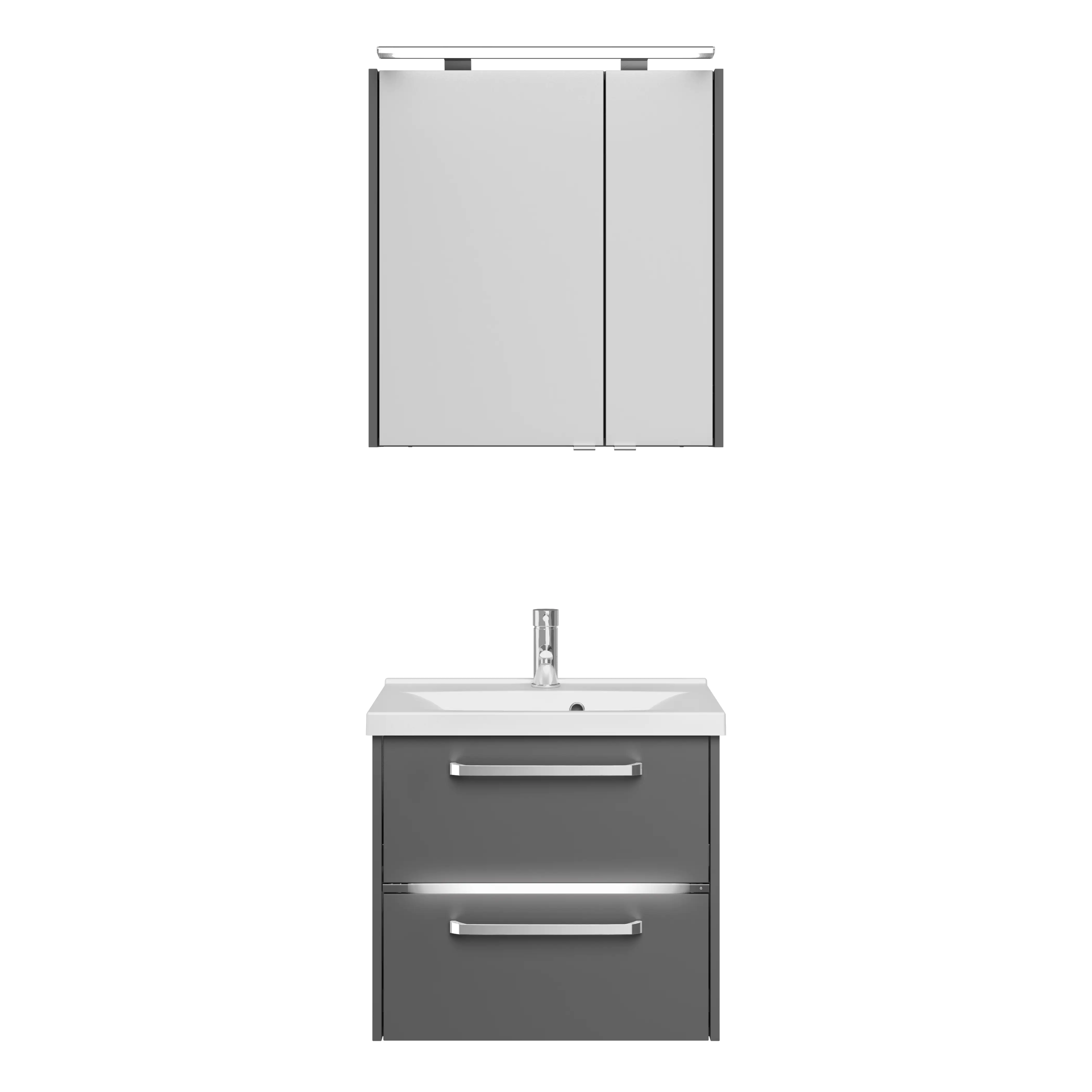 Primaster Badmöbel-Set Berlin grau 65 cm LED-Leuchten, Mineralgusswaschtisch