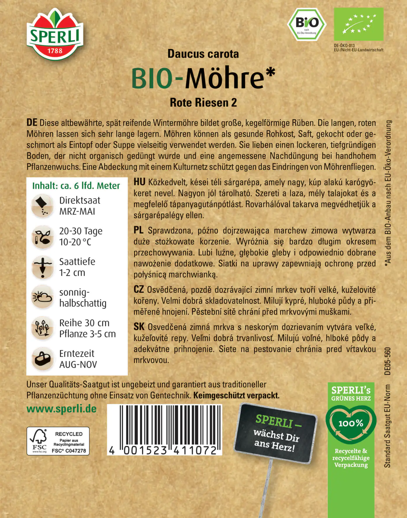 Sperli BIO Möhre Lagersorte