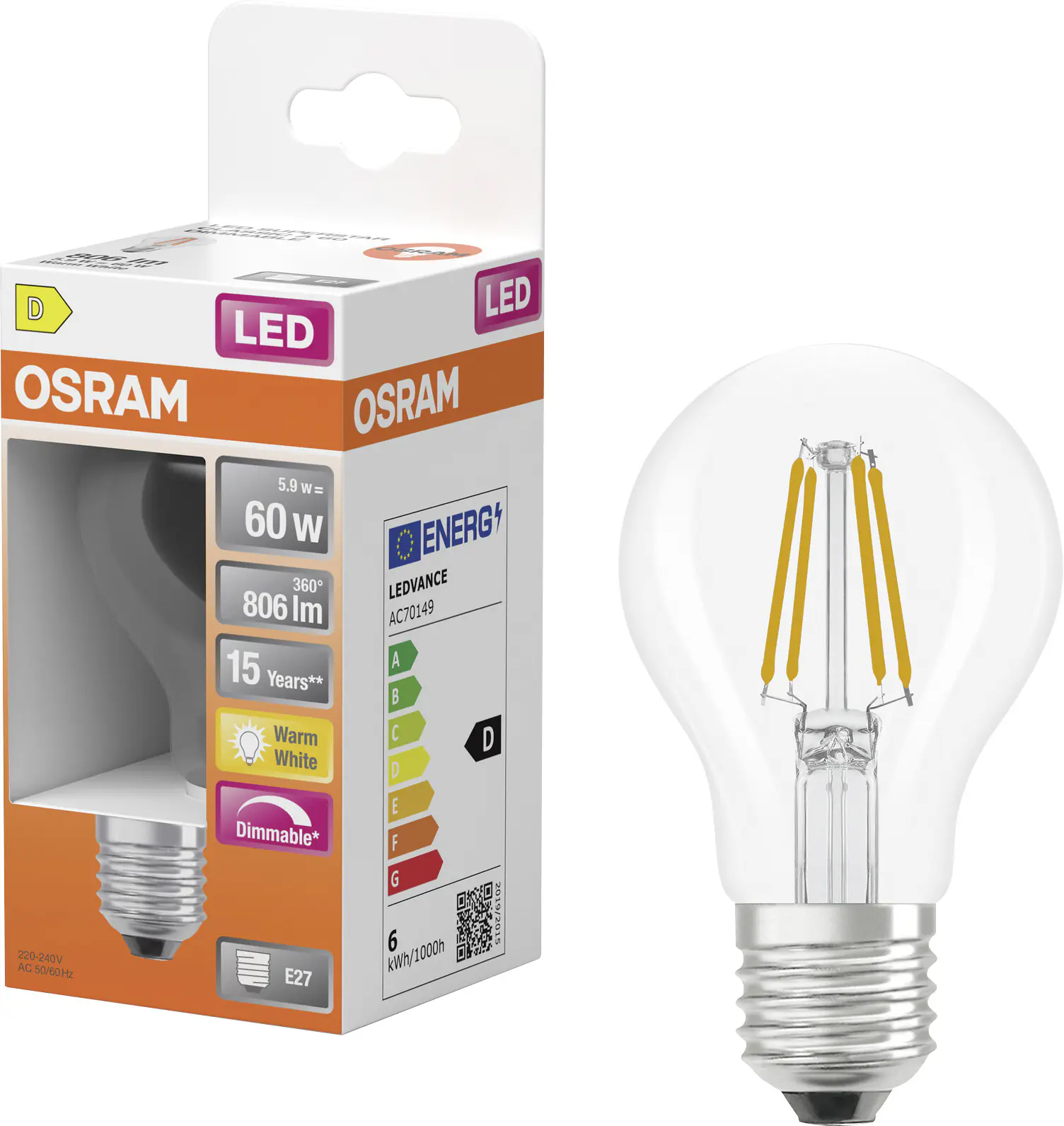 Osram LED Leuchtmittel E27 Superstar Classic 5,9W klar dimmbar warmweiß