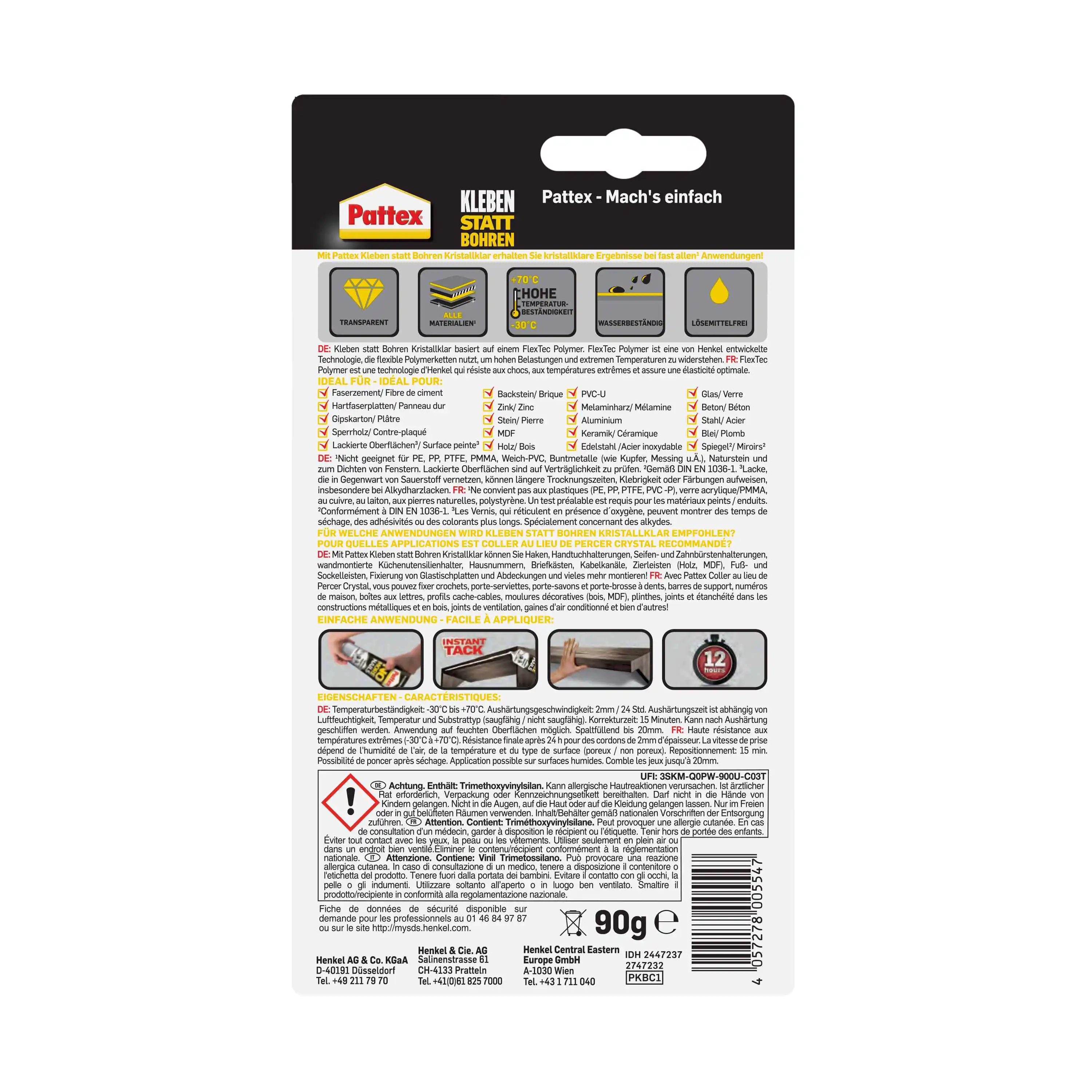 Pattex Montagekleber Kleben statt Bohren Kristallklar 90 g Tube, transparent Pattex Montagekleber Kleben statt Bohren Kristallklar 90 g Tube, transparent