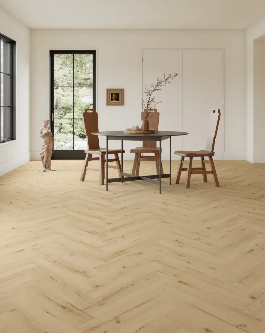 Decoflooring Fischgrät-Vinylboden mit Trittschalldämmung Eiche Drammen