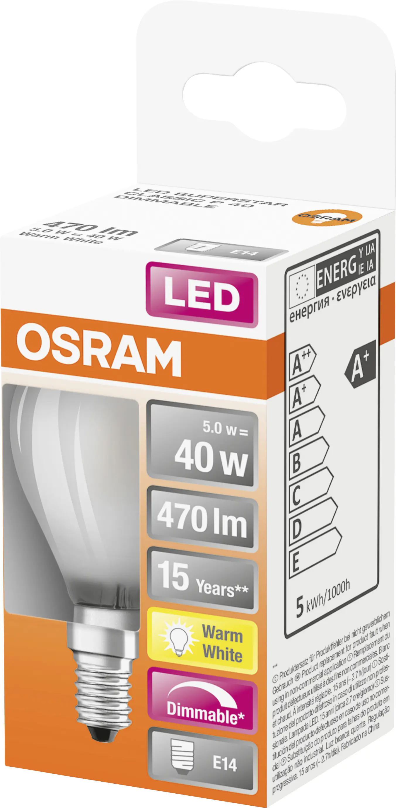 Osram LED Leuchtmittel Classic P40 E14 5W warmweiß, dimmbar, weiß matt